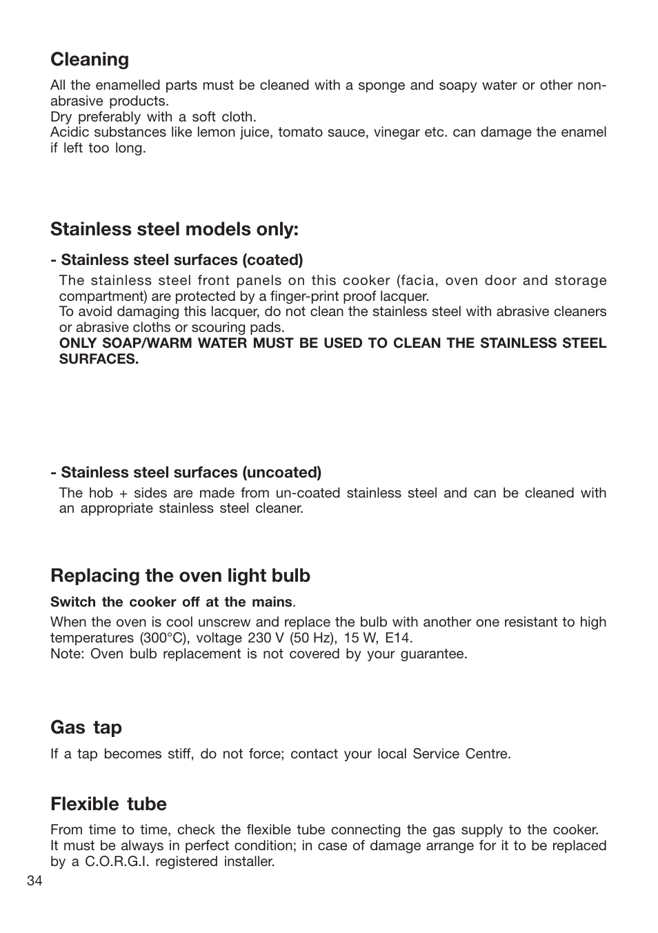 Gas tap, Flexible tube, Cleaning | Stainless steel models only, Replacing the oven light bulb | Caple CR9201AN User Manual | Page 34 / 44