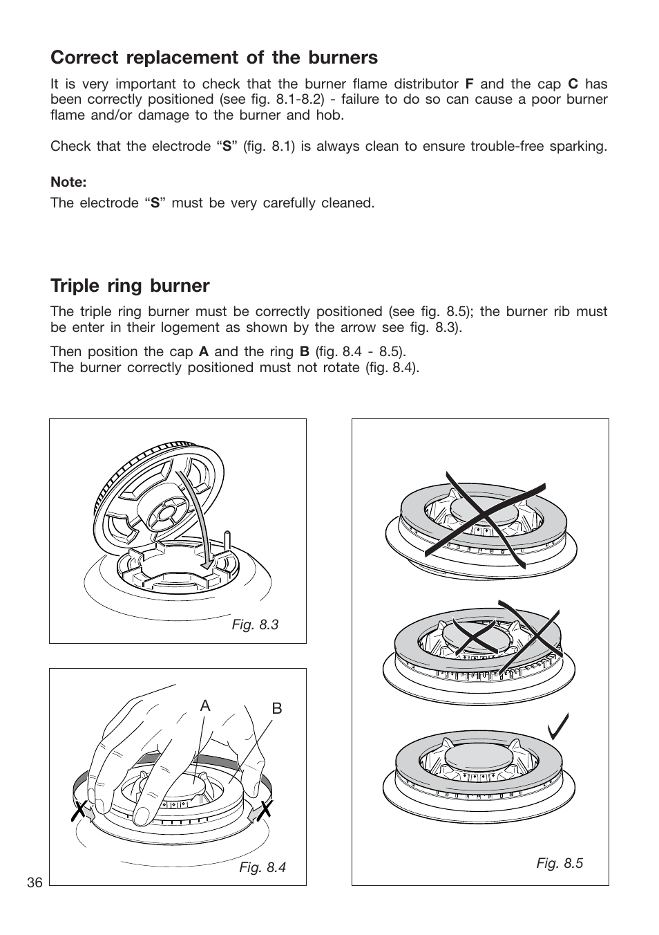 Correct replacement of the burners, Triple ring burner | Caple CR9201AN User Manual | Page 36 / 44