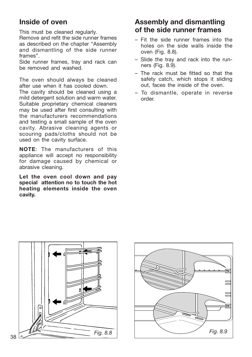 Assembly and dismantling of the side runner frames, Inside of oven | Caple CR9201AN User Manual | Page 38 / 44