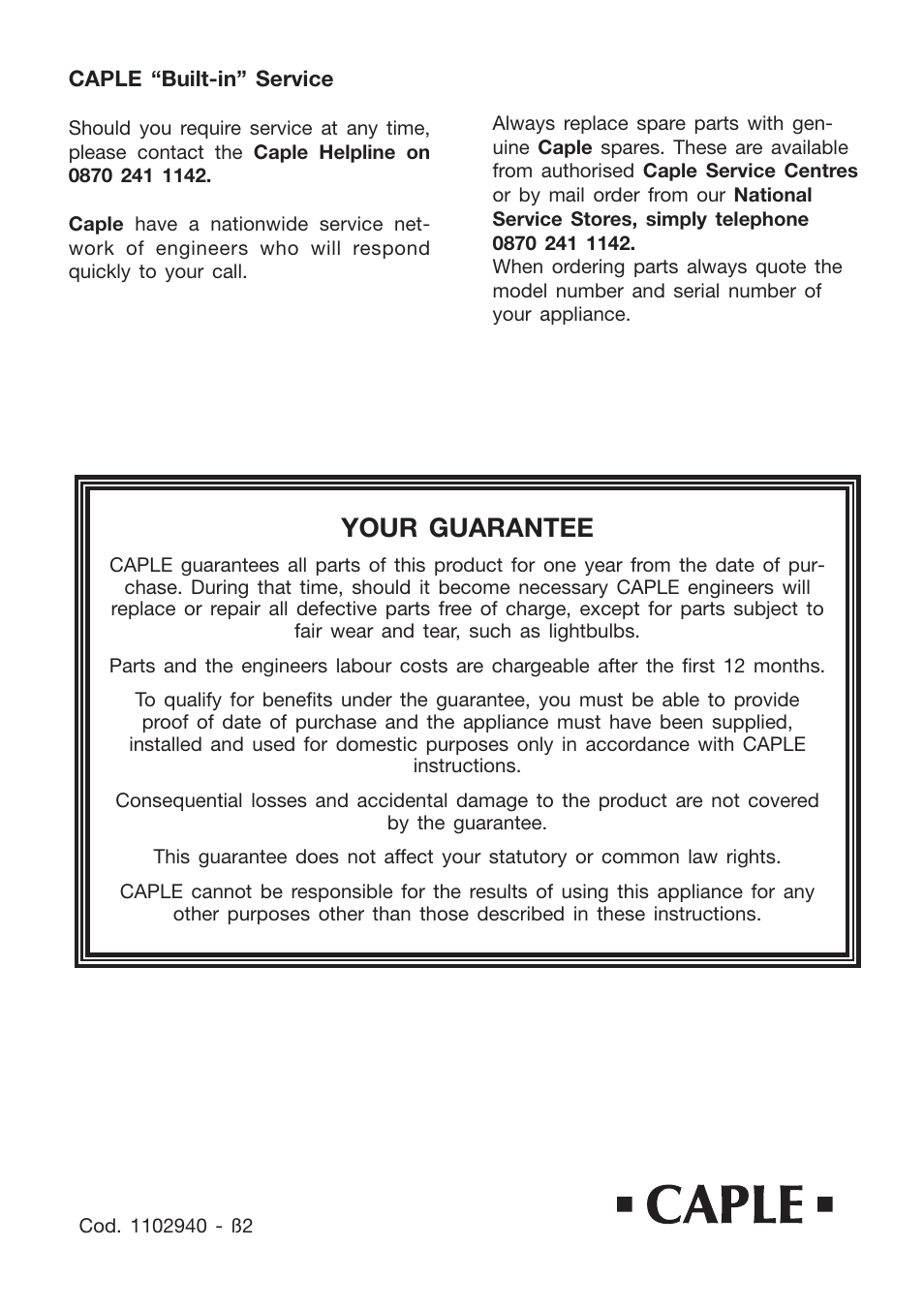 Your guarantee | Caple CR9201AN User Manual | Page 44 / 44