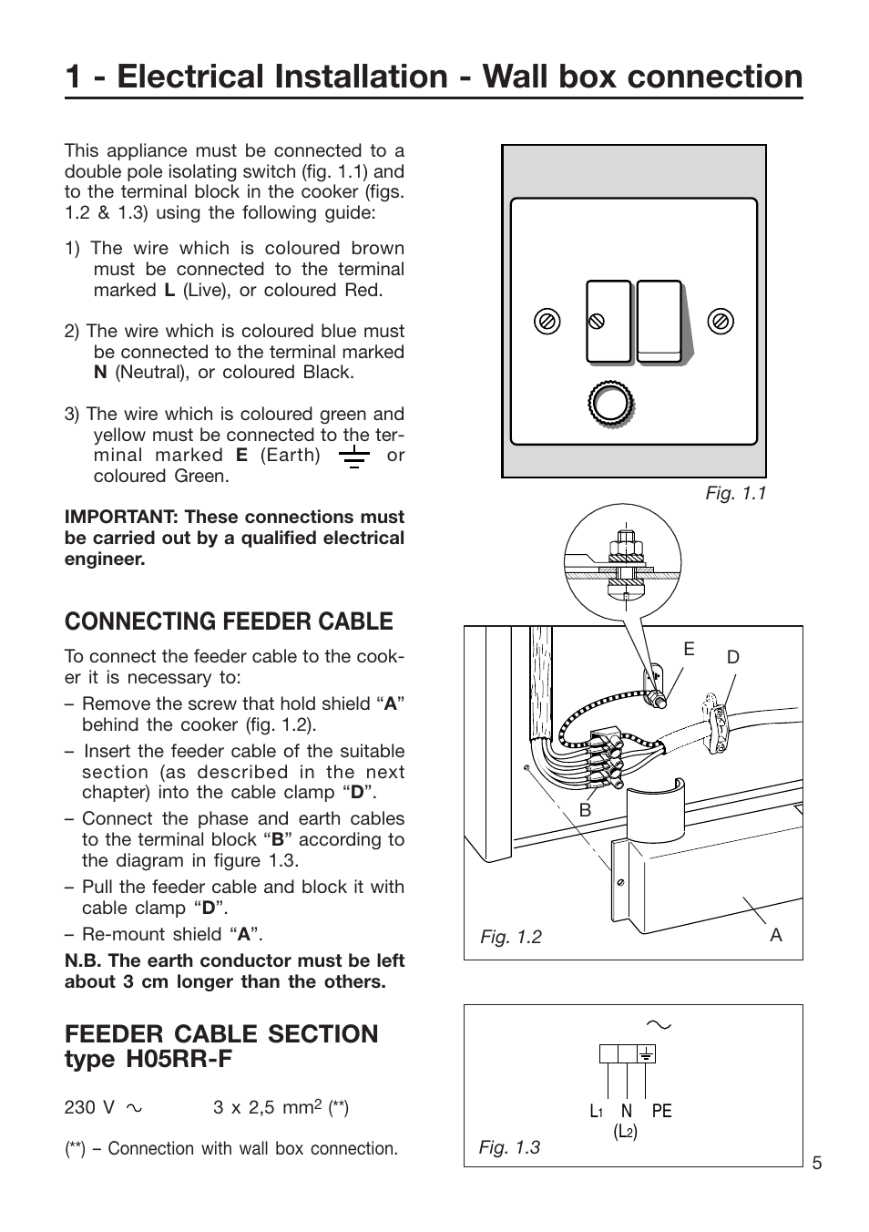 1 - electrical installation - wall box connection, Connecting feeder cable | Caple CR9201AN User Manual | Page 5 / 44