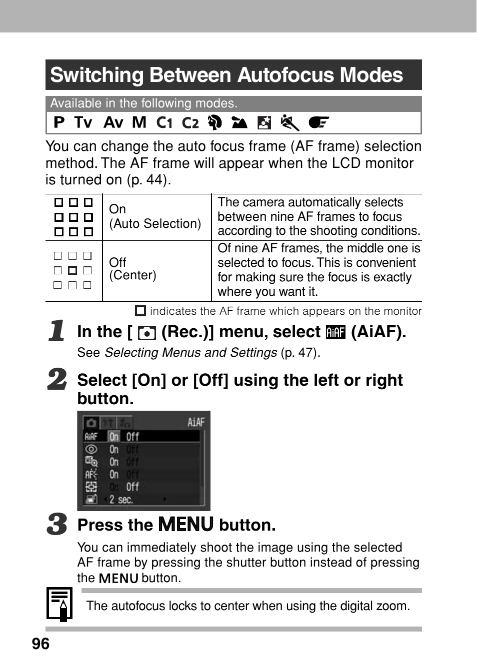 Switching between autofocus modes | Canon A80 User Manual | Page 100 / 218