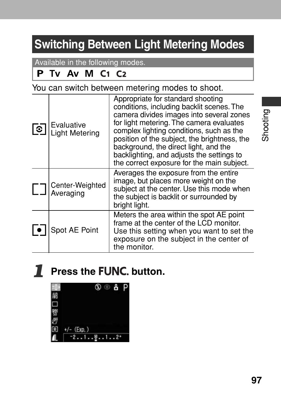 Switching between light metering modes | Canon A80 User Manual | Page 101 / 218