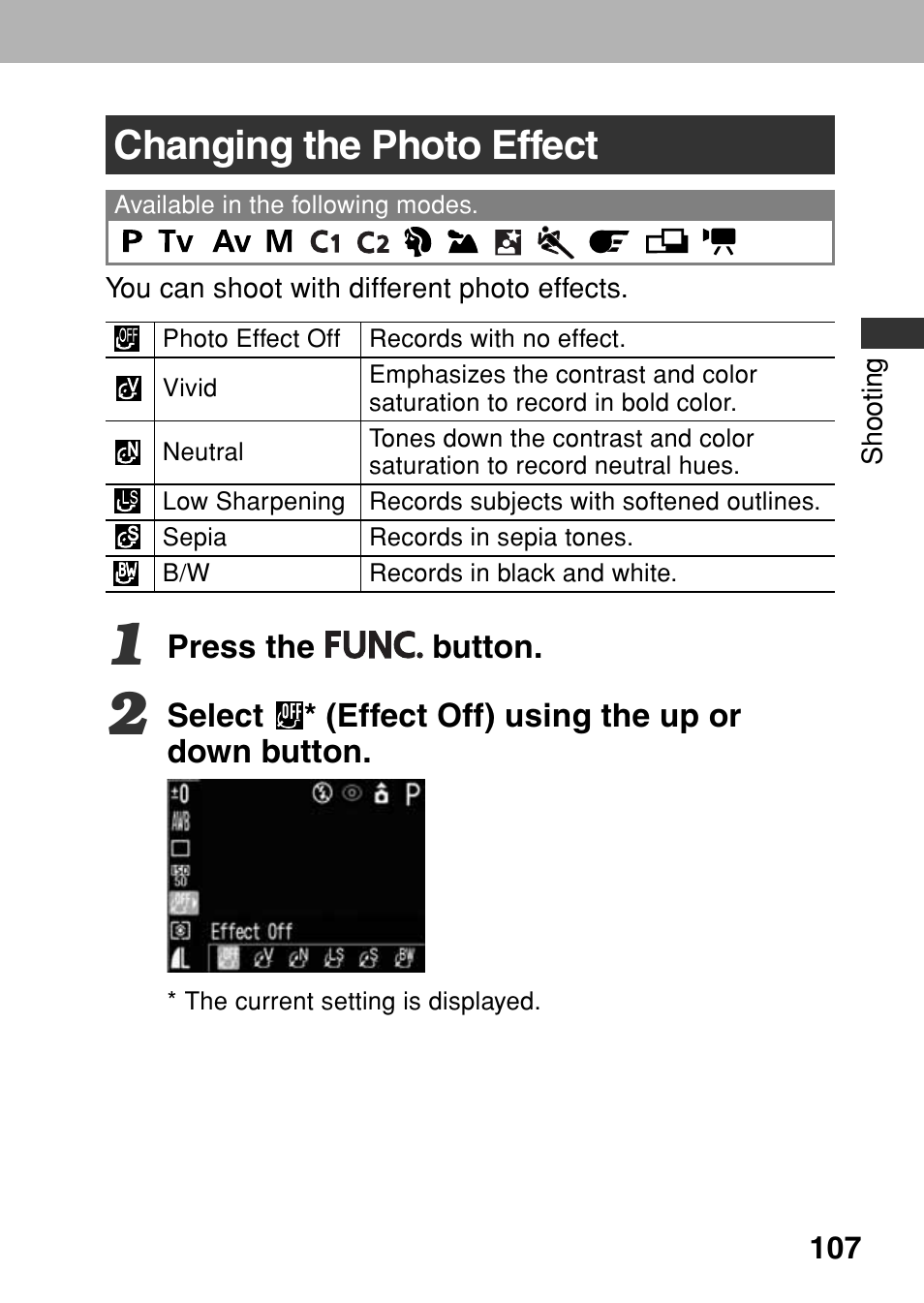 Changing the photo effect | Canon A80 User Manual | Page 111 / 218
