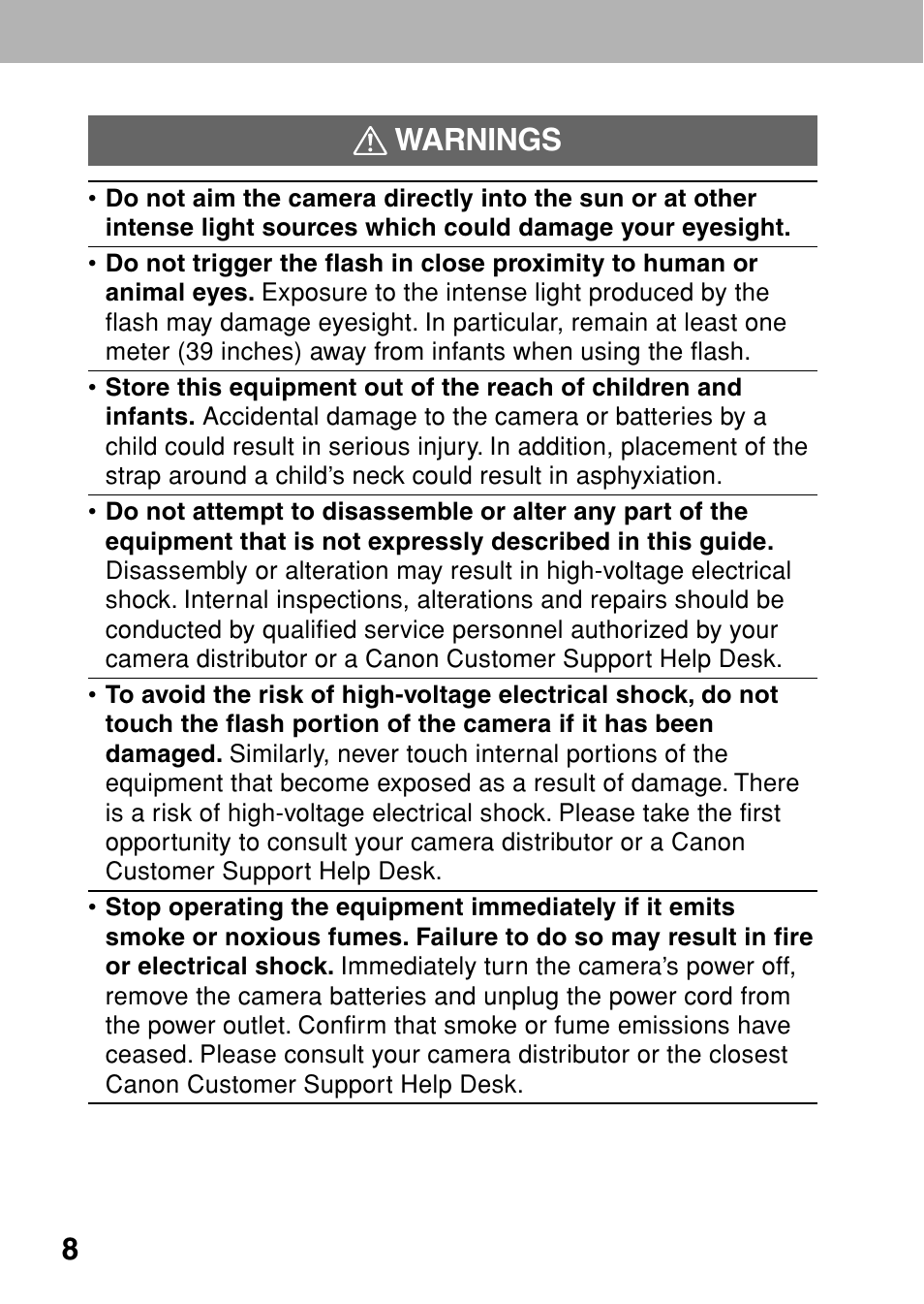 8warnings | Canon A80 User Manual | Page 12 / 218
