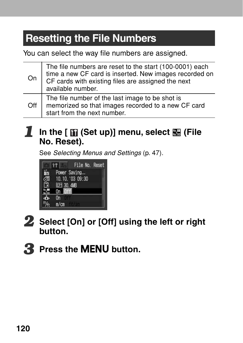 Resetting the file numbers | Canon A80 User Manual | Page 124 / 218