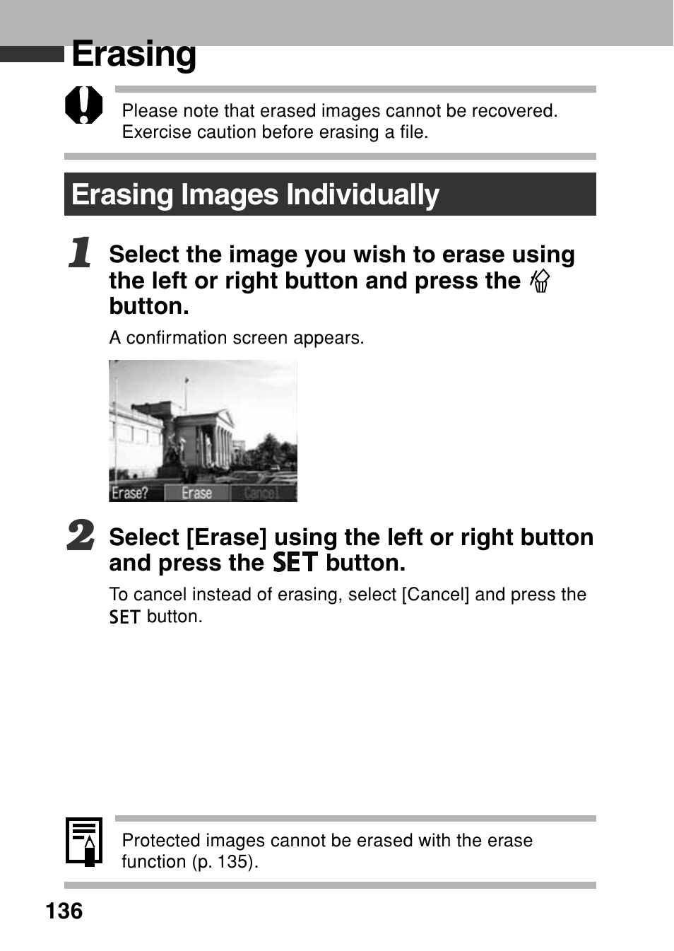 Erasing, Erasing images individually | Canon A80 User Manual | Page 140 / 218