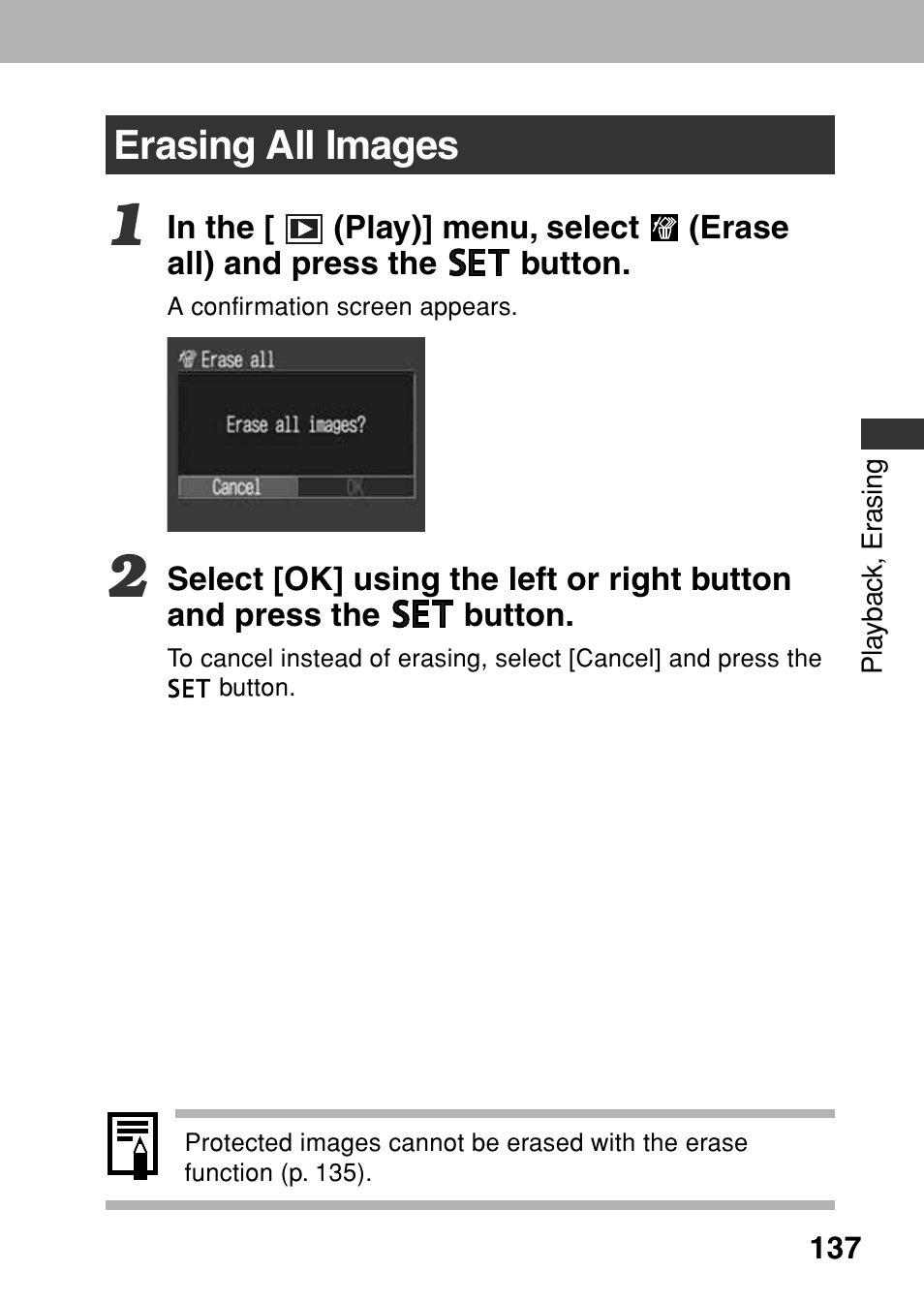 Erasing all images | Canon A80 User Manual | Page 141 / 218
