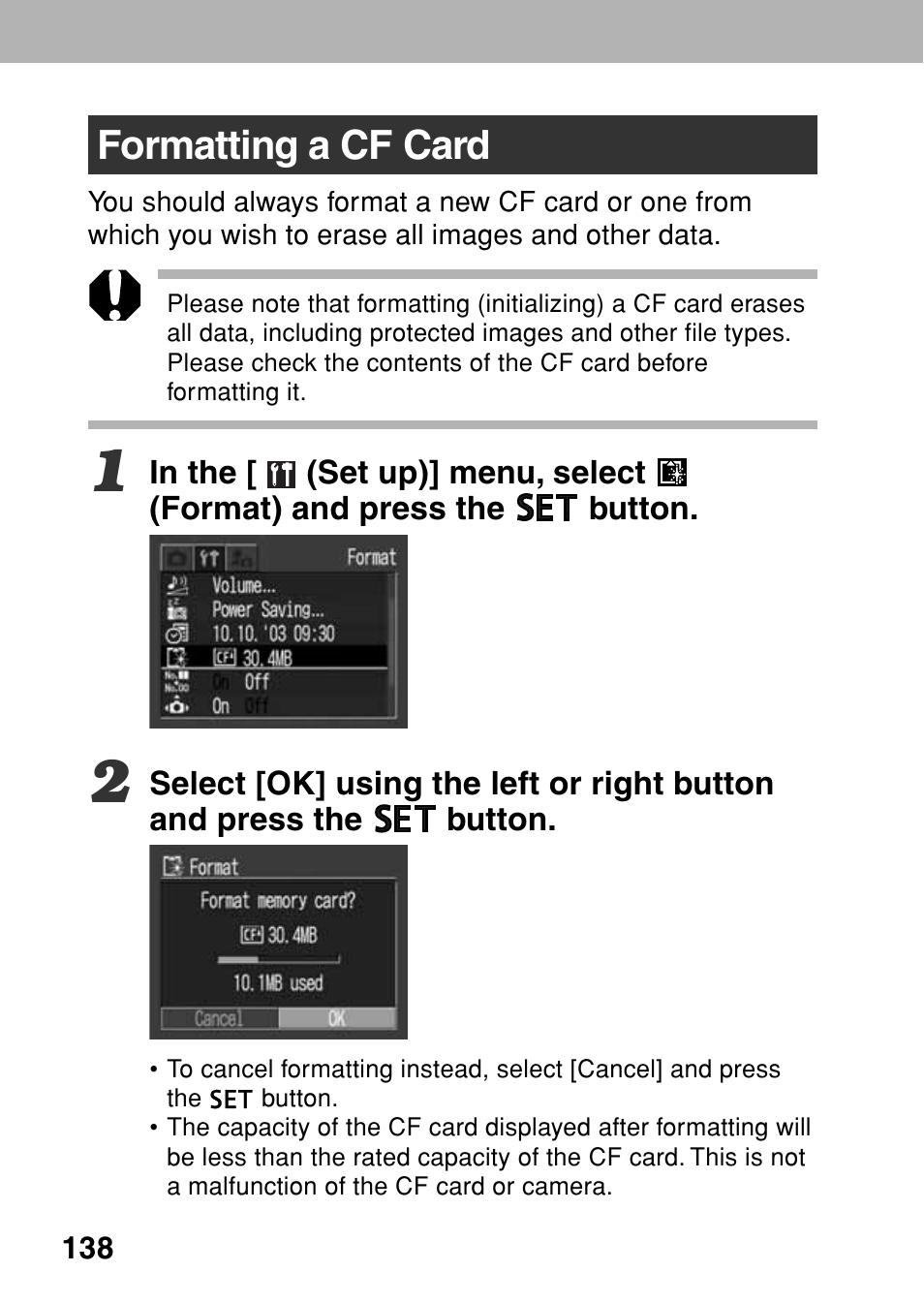 Formatting a cf card | Canon A80 User Manual | Page 142 / 218
