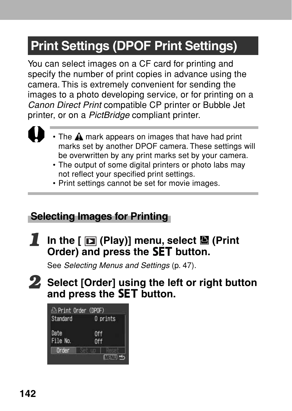 Print settings (dpof print settings) | Canon A80 User Manual | Page 146 / 218