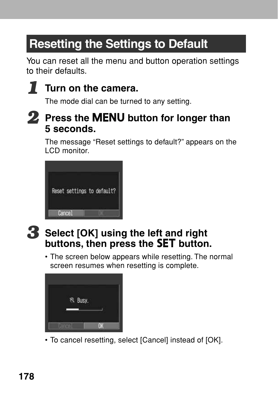 Resetting the settings to default | Canon A80 User Manual | Page 182 / 218