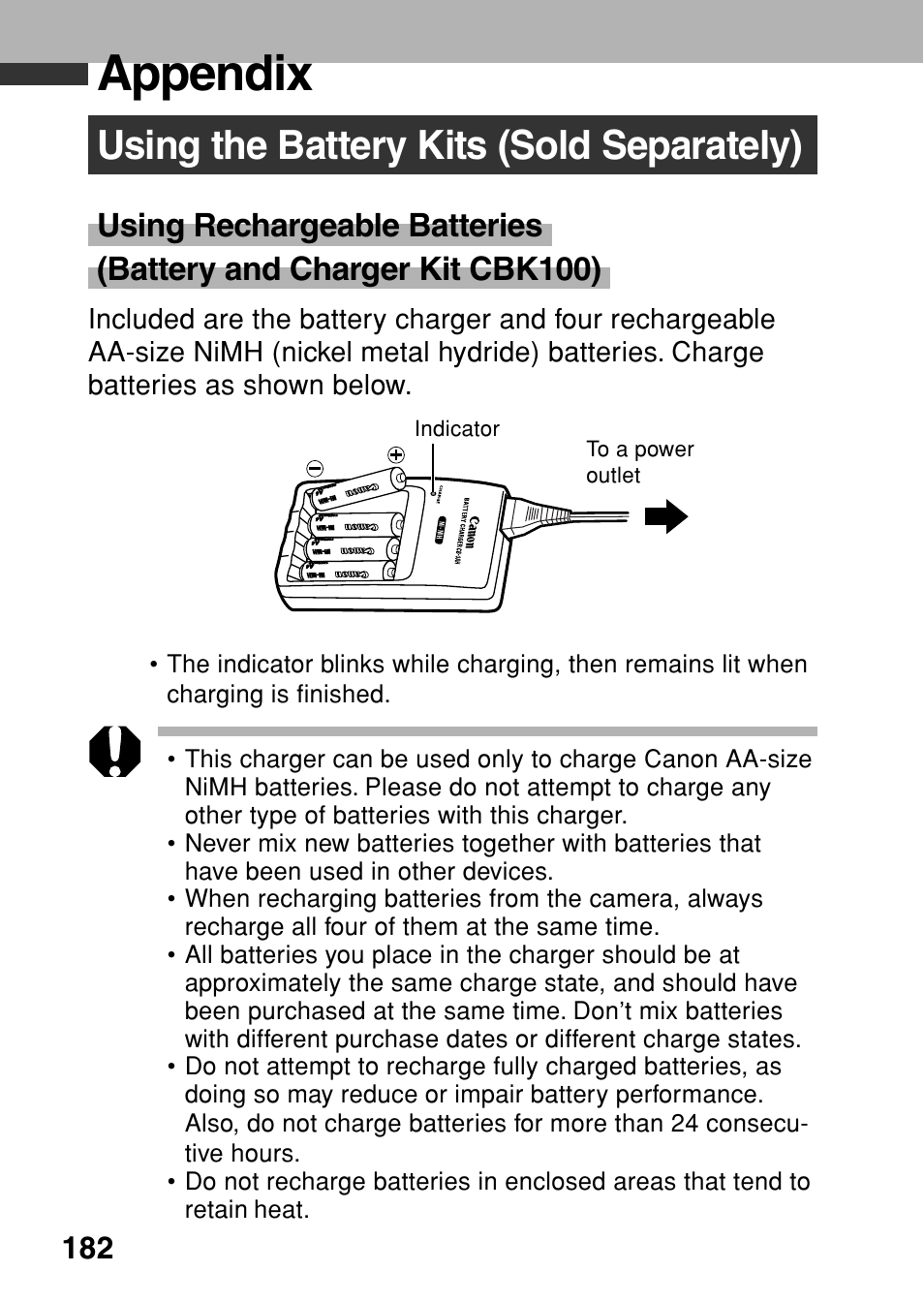 Appendix, Using the battery kits (sold separately) | Canon A80 User Manual | Page 186 / 218