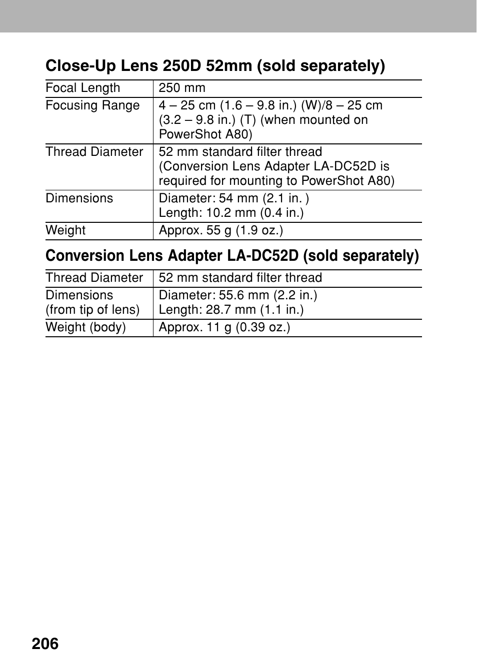 Conversion lens adapter la-dc52d (sold separately) | Canon A80 User Manual | Page 210 / 218
