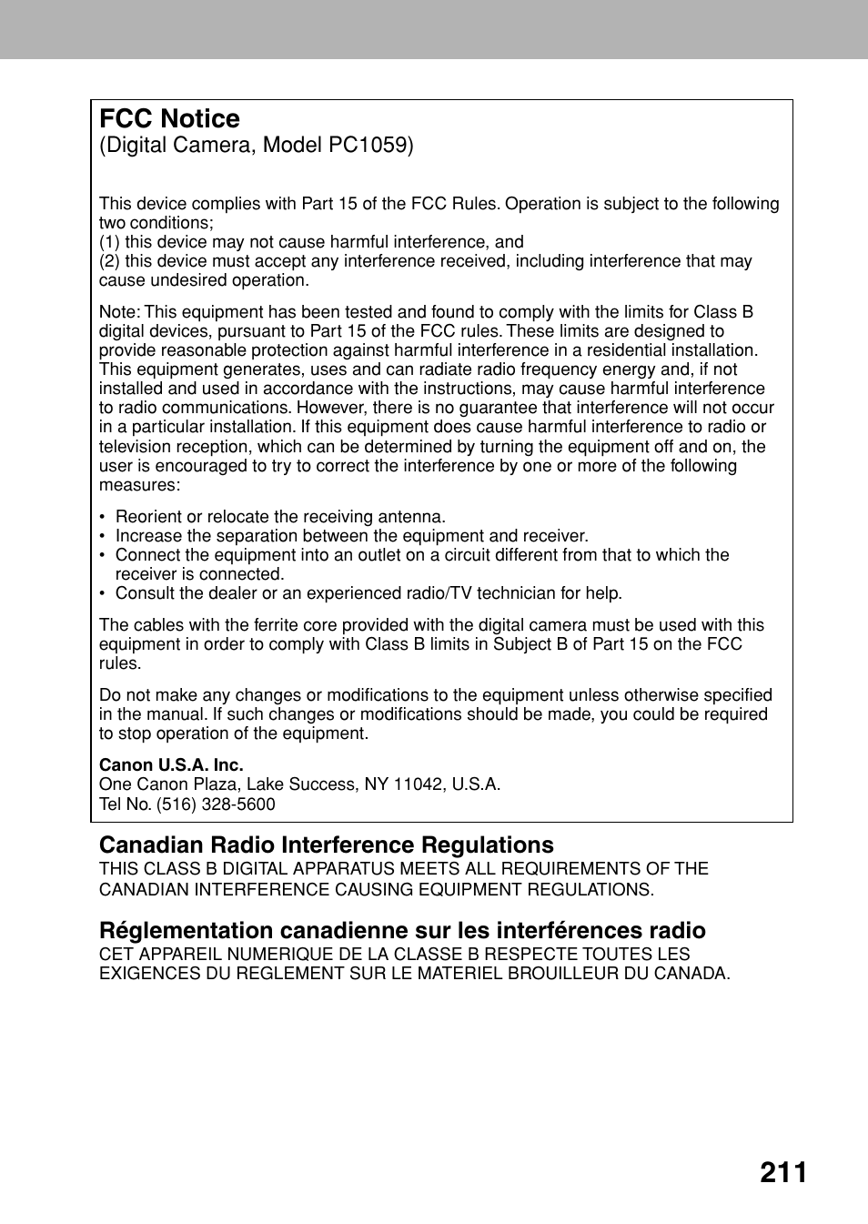 Fcc notice, Canadian radio interference regulations | Canon A80 User Manual | Page 215 / 218