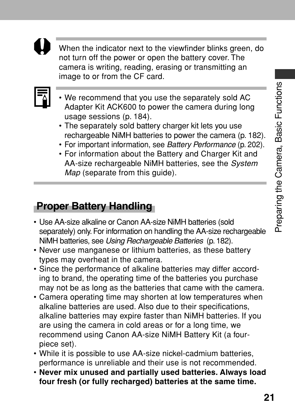 Proper battery handling | Canon A80 User Manual | Page 25 / 218