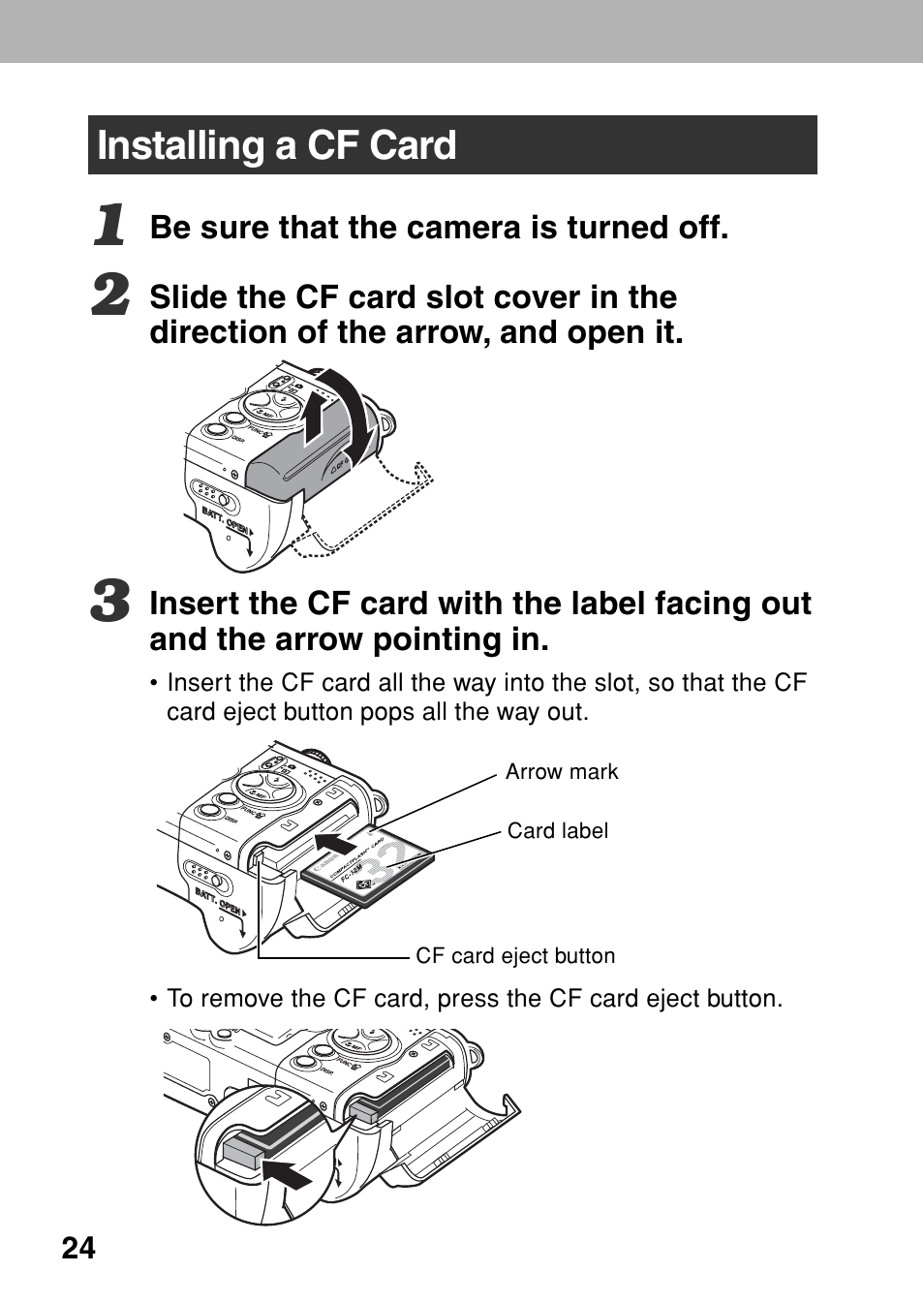 Installing a cf card | Canon A80 User Manual | Page 28 / 218