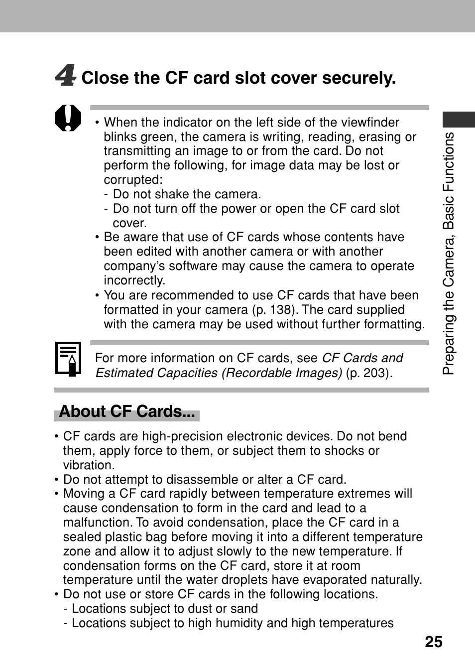 Close the cf card slot cover securely, About cf cards | Canon A80 User Manual | Page 29 / 218