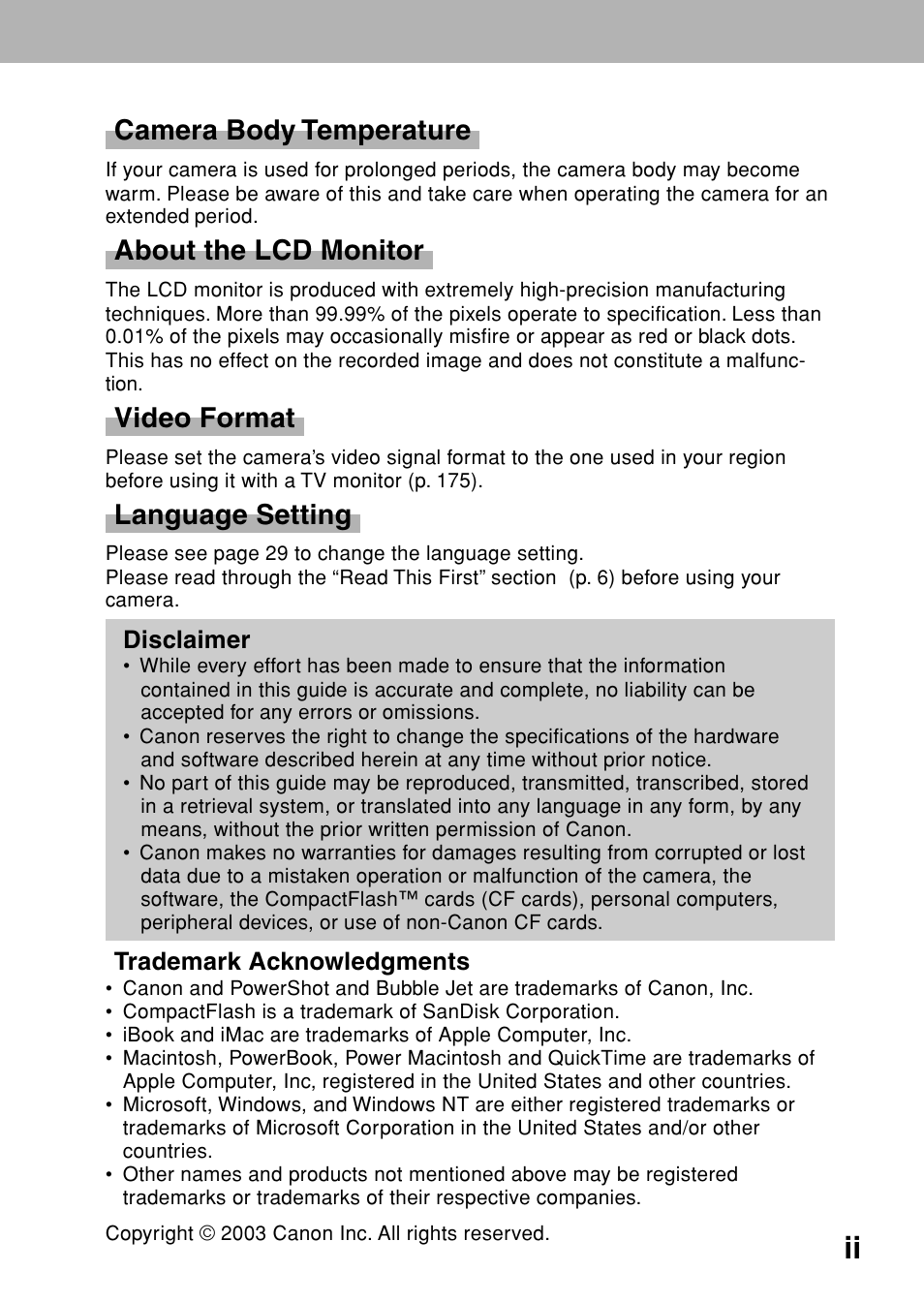 Camera body temperature, About the lcd monitor, Video format | Language setting | Canon A80 User Manual | Page 3 / 218