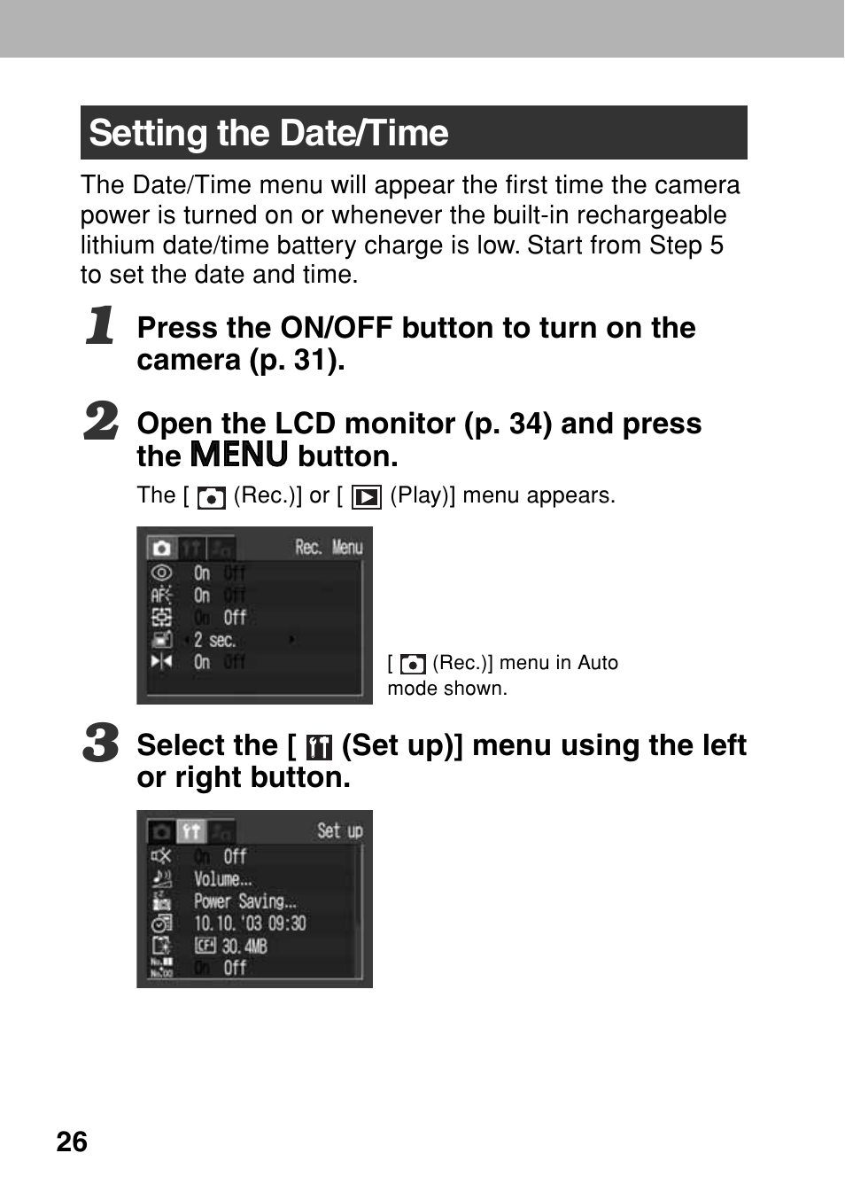 Setting the date/time | Canon A80 User Manual | Page 30 / 218