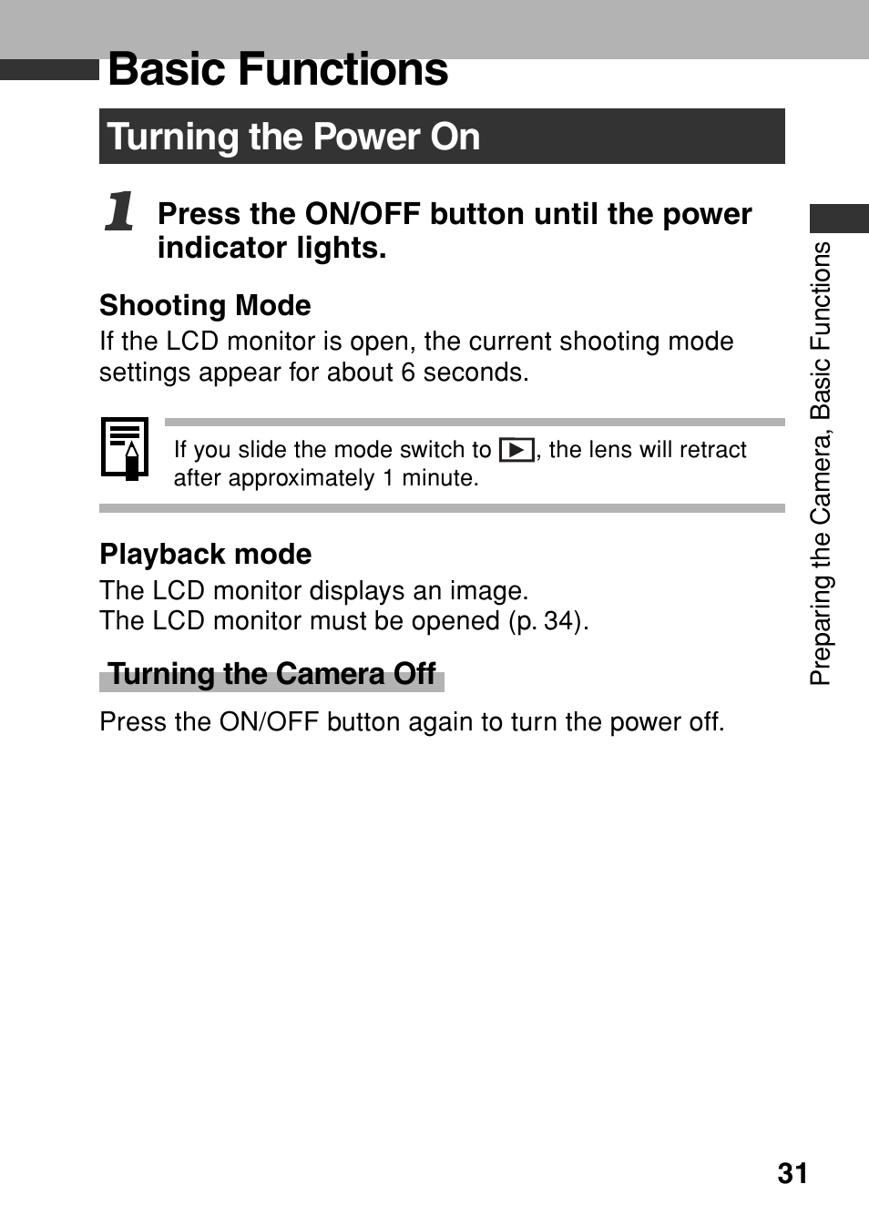 Basic functions, Turning the power on | Canon A80 User Manual | Page 35 / 218