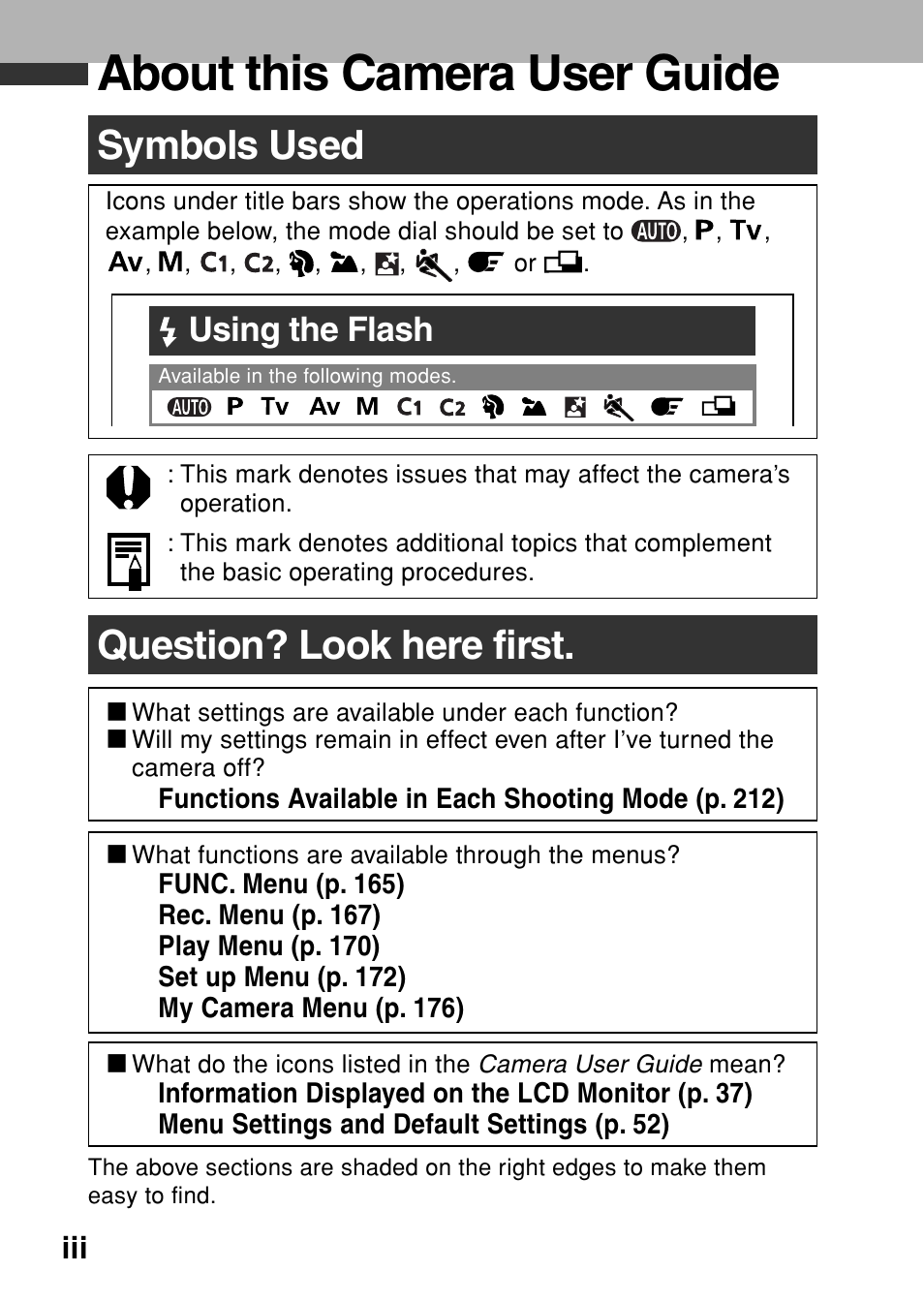 About this camera user guide, Symbols used, Question? look here first | Using the flash | Canon A80 User Manual | Page 4 / 218