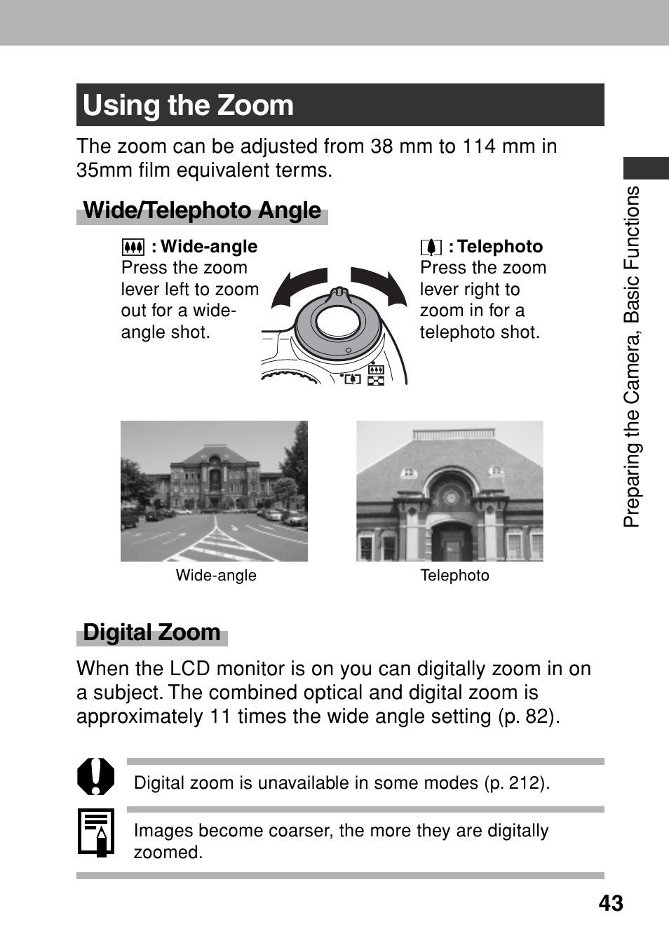 Using the zoom, Wide/telephoto angle, Digital zoom | Canon A80 User Manual | Page 47 / 218