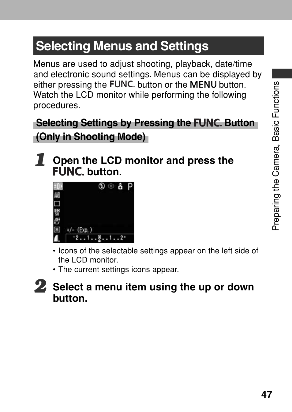 Selecting menus and settings | Canon A80 User Manual | Page 51 / 218