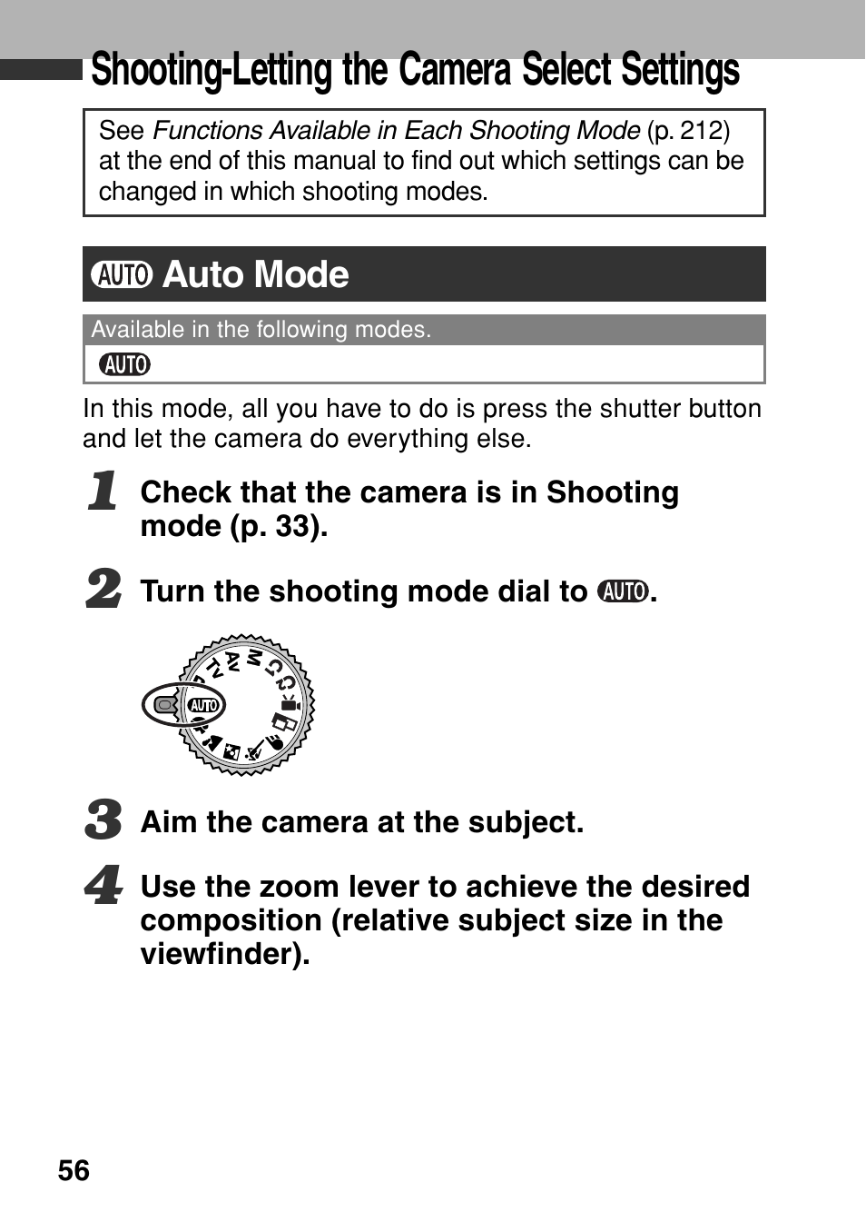 Shooting-letting the camera select settings | Canon A80 User Manual | Page 60 / 218