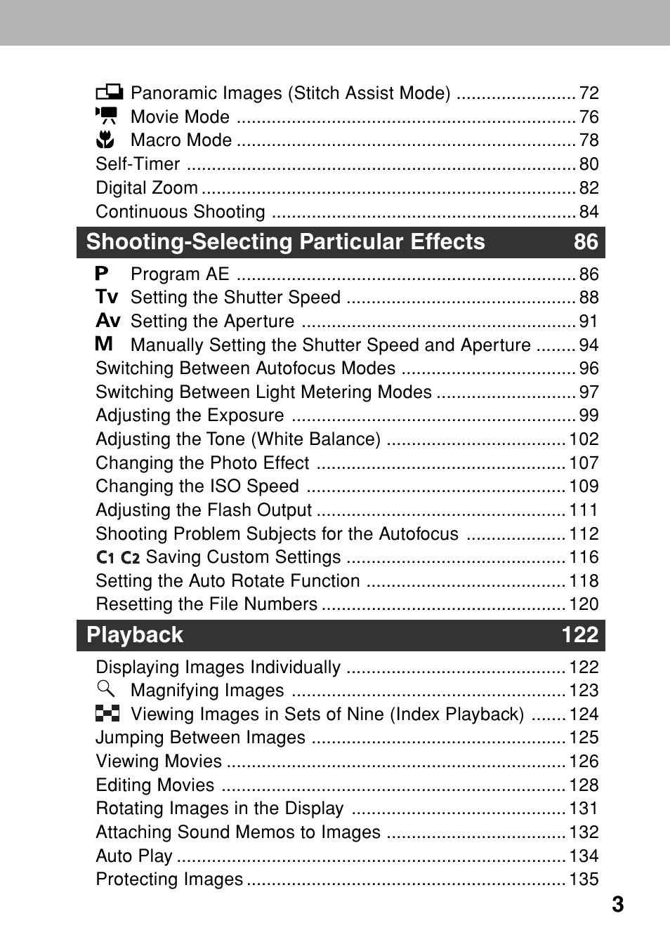 Shooting-selecting particular effects 86, Playback 122 | Canon A80 User Manual | Page 7 / 218