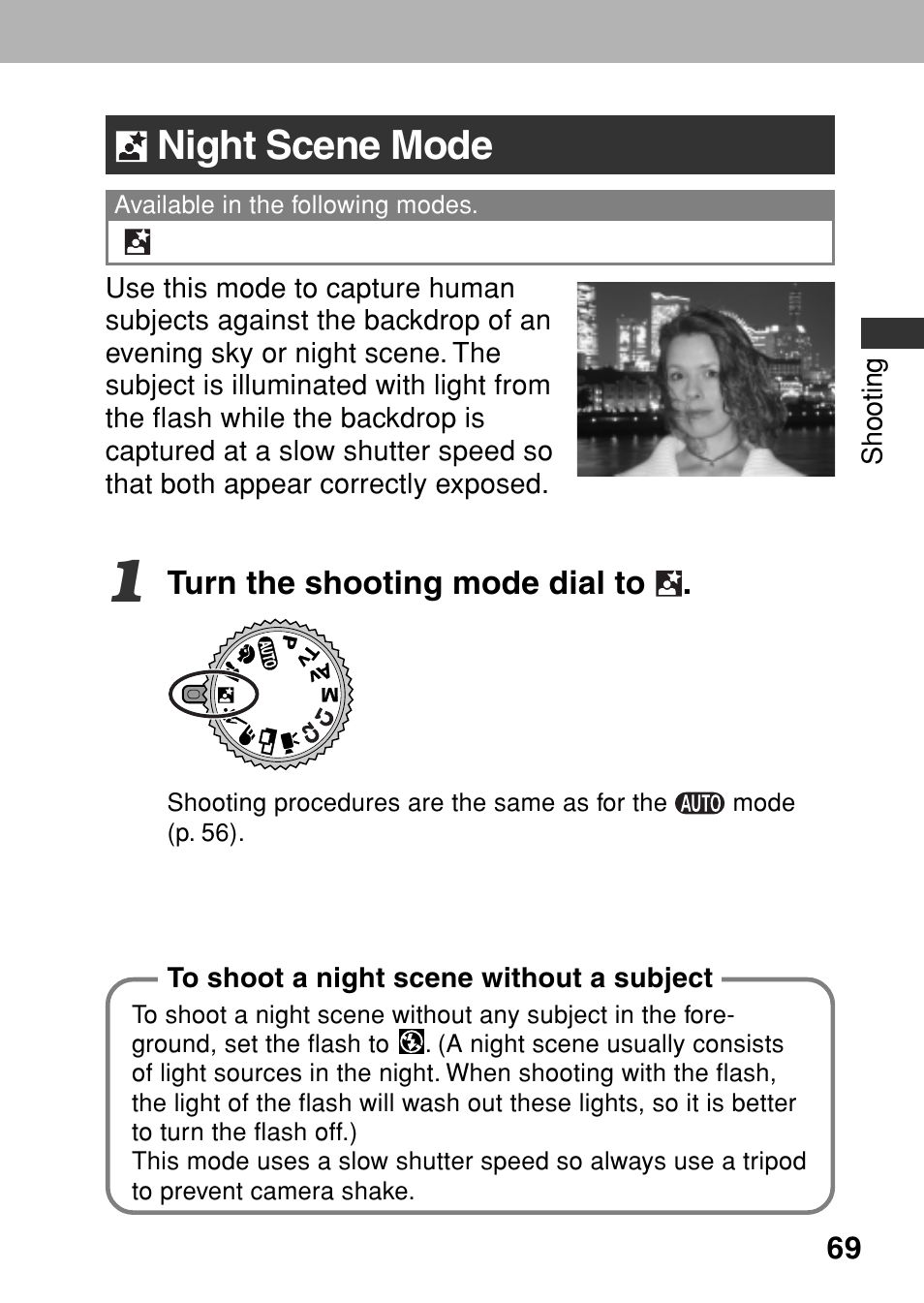 Night scene mode | Canon A80 User Manual | Page 73 / 218