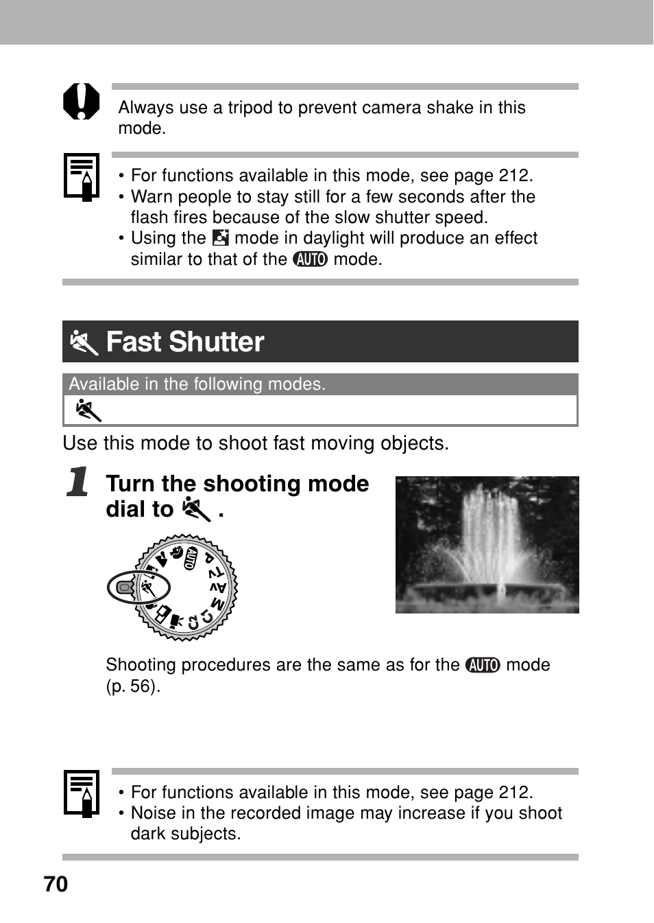 Fast shutter, Turn the shooting mode dial to | Canon A80 User Manual | Page 74 / 218
