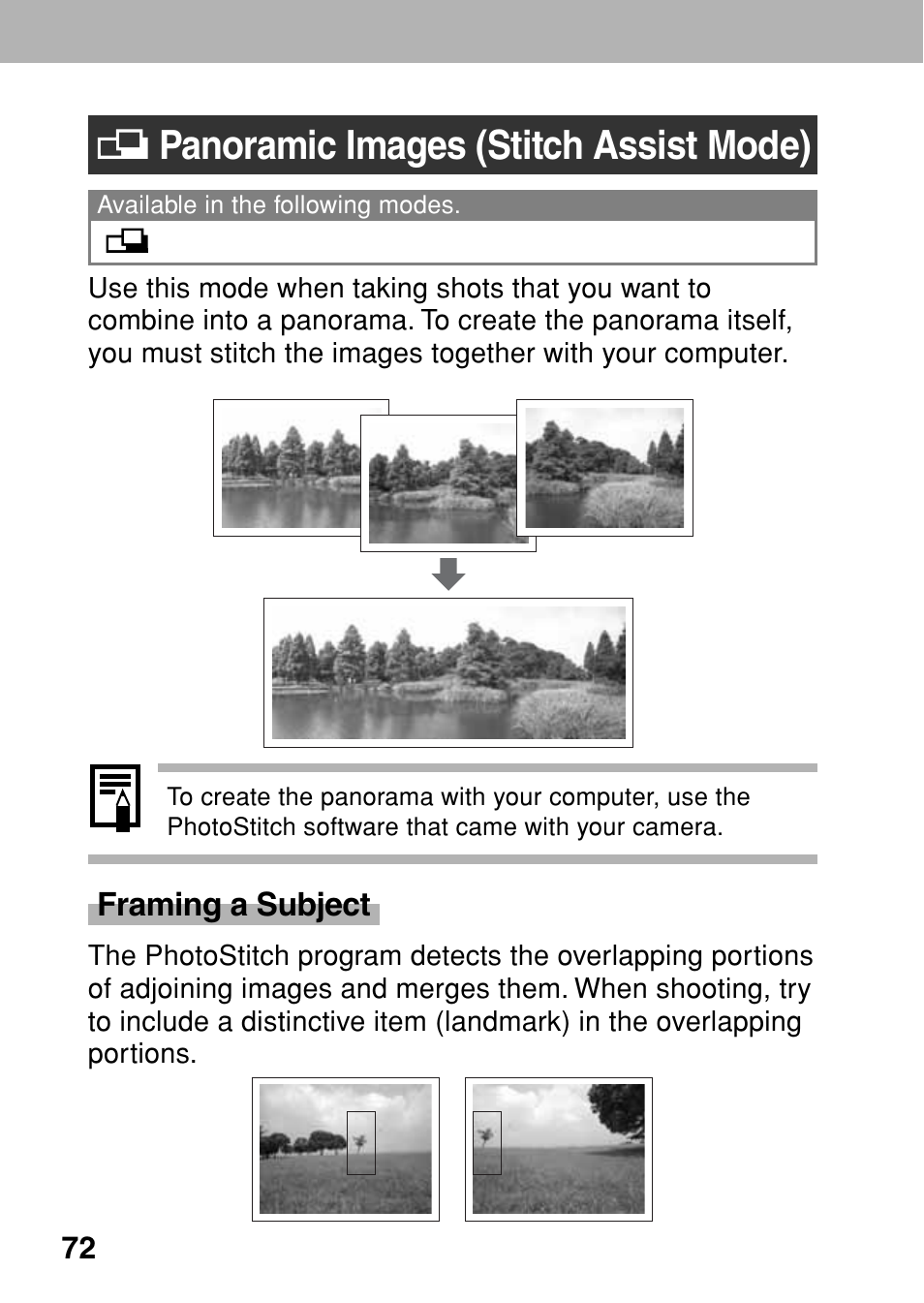 Panoramic images (stitch assist mode) | Canon A80 User Manual | Page 76 / 218