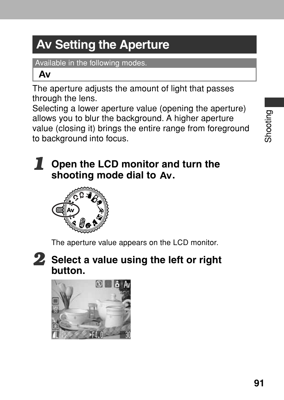 Setting the aperture | Canon A80 User Manual | Page 95 / 218