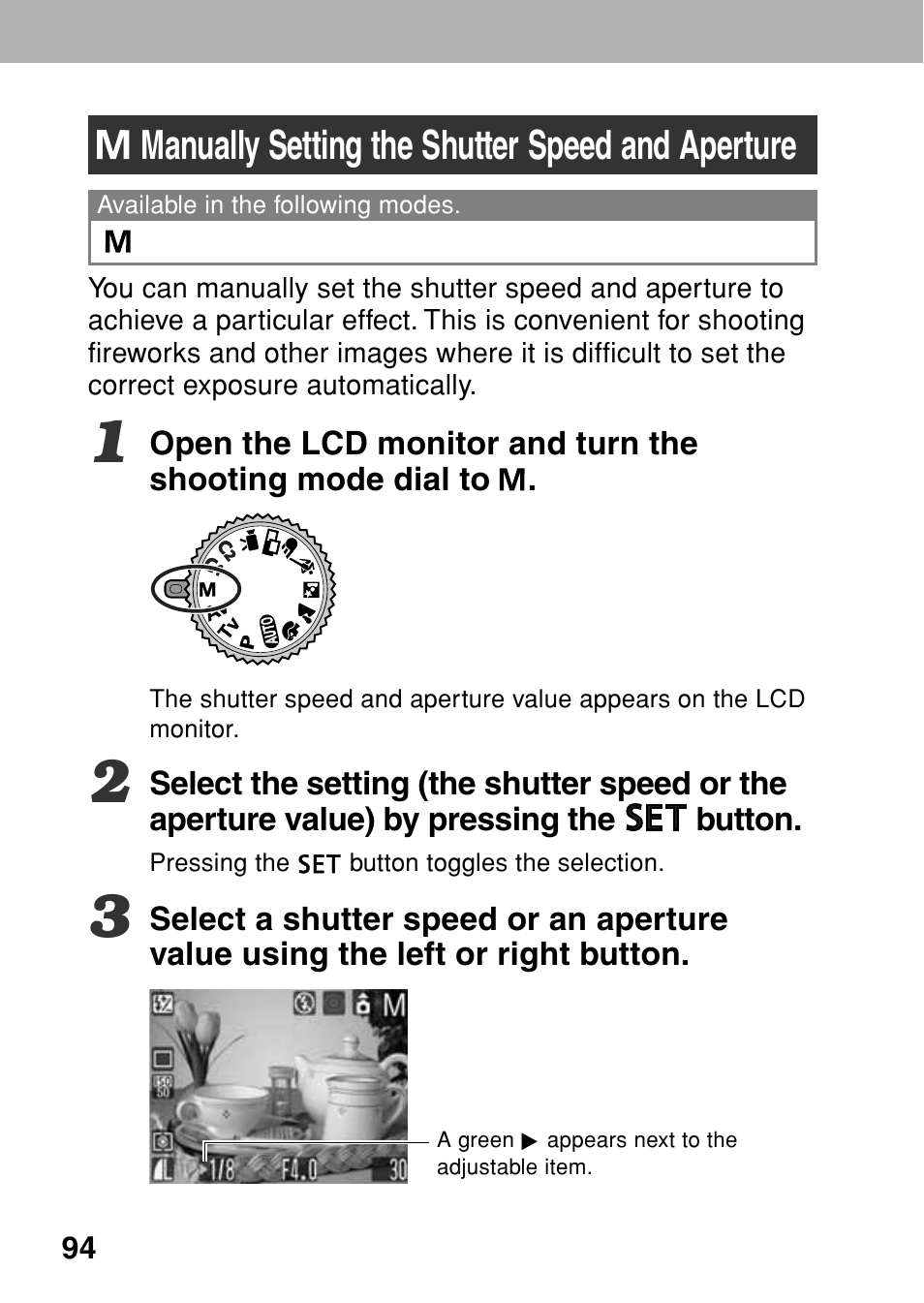Manually setting the shutter speed and aperture | Canon A80 User Manual | Page 98 / 218