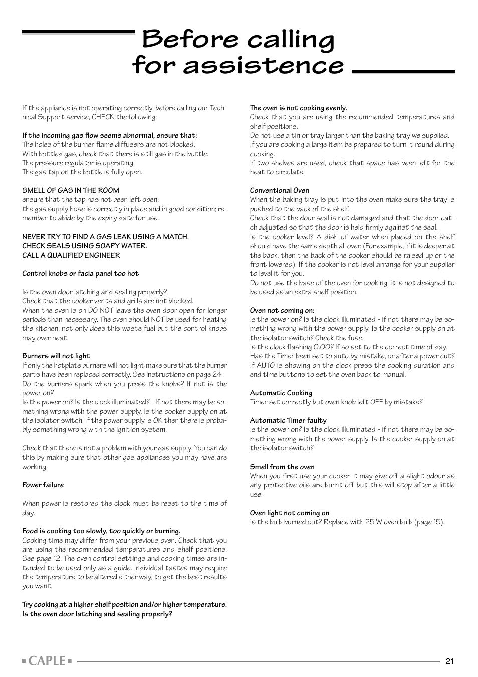 Before calling for assistence | Caple CR1001SS User Manual | Page 21 / 24