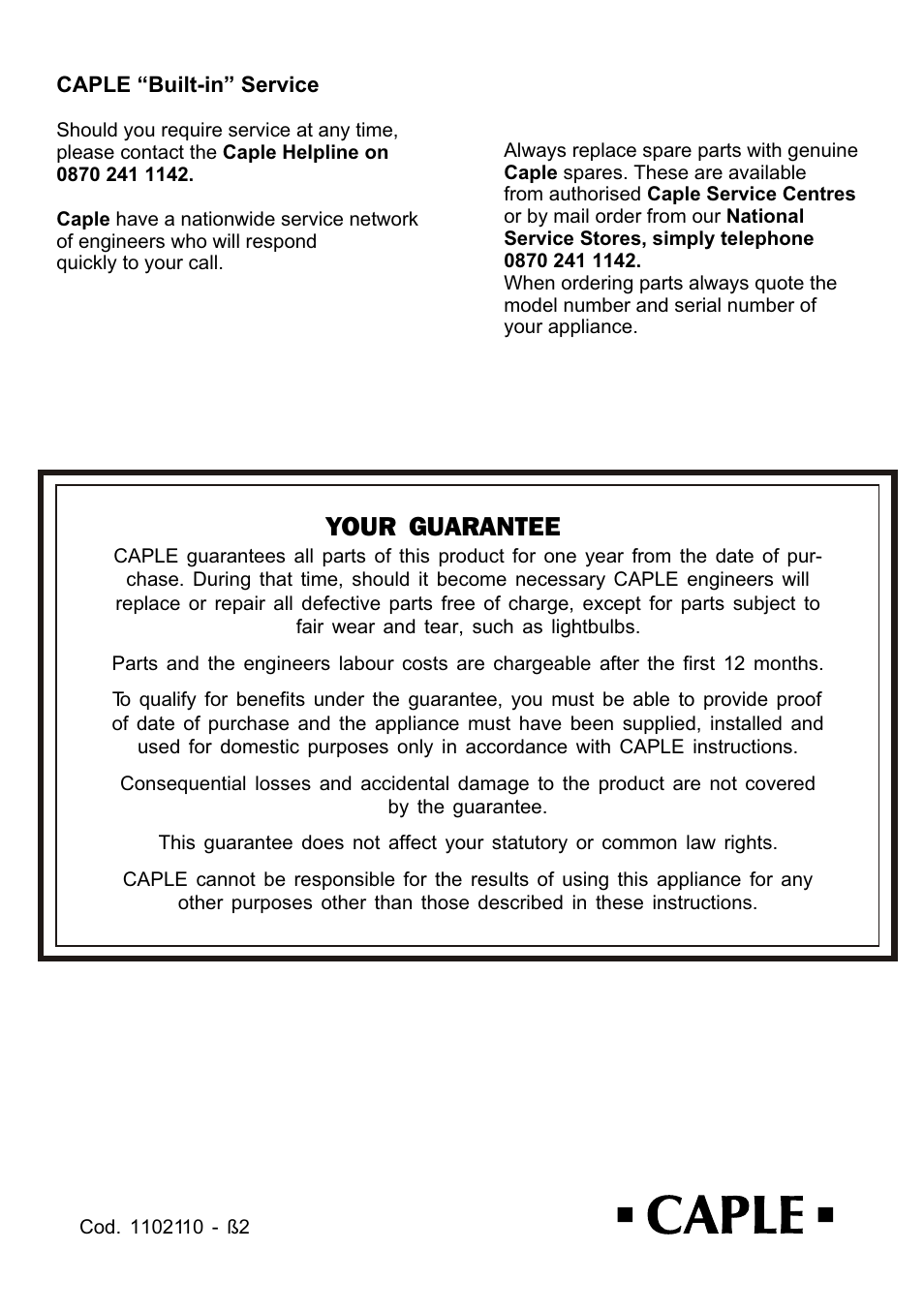 Your guarantee | Caple CR1100SS User Manual | Page 40 / 40