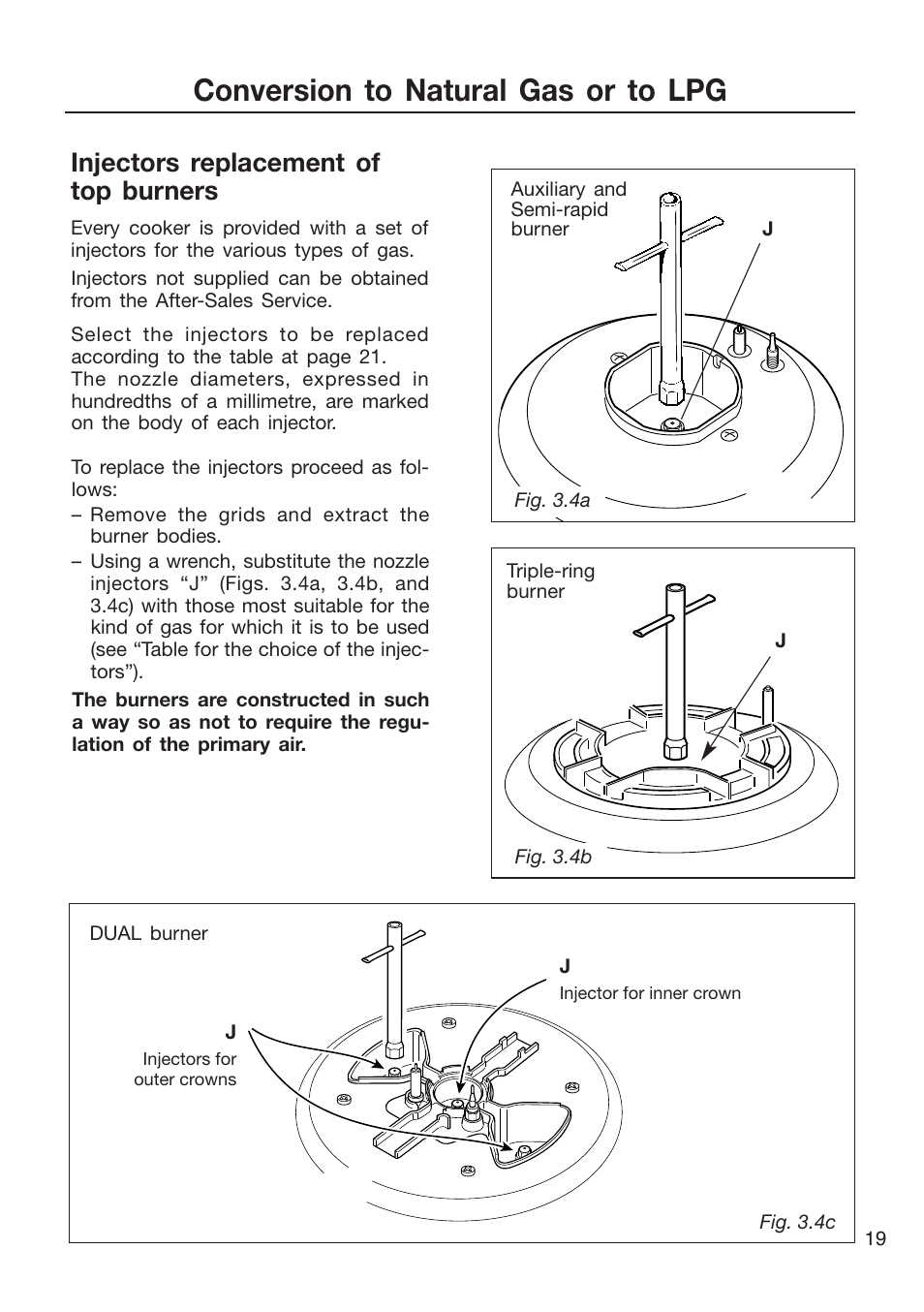 Conversion to natural gas or to lpg, Injectors replacement of top burners | Caple CR9204 User Manual | Page 19 / 52