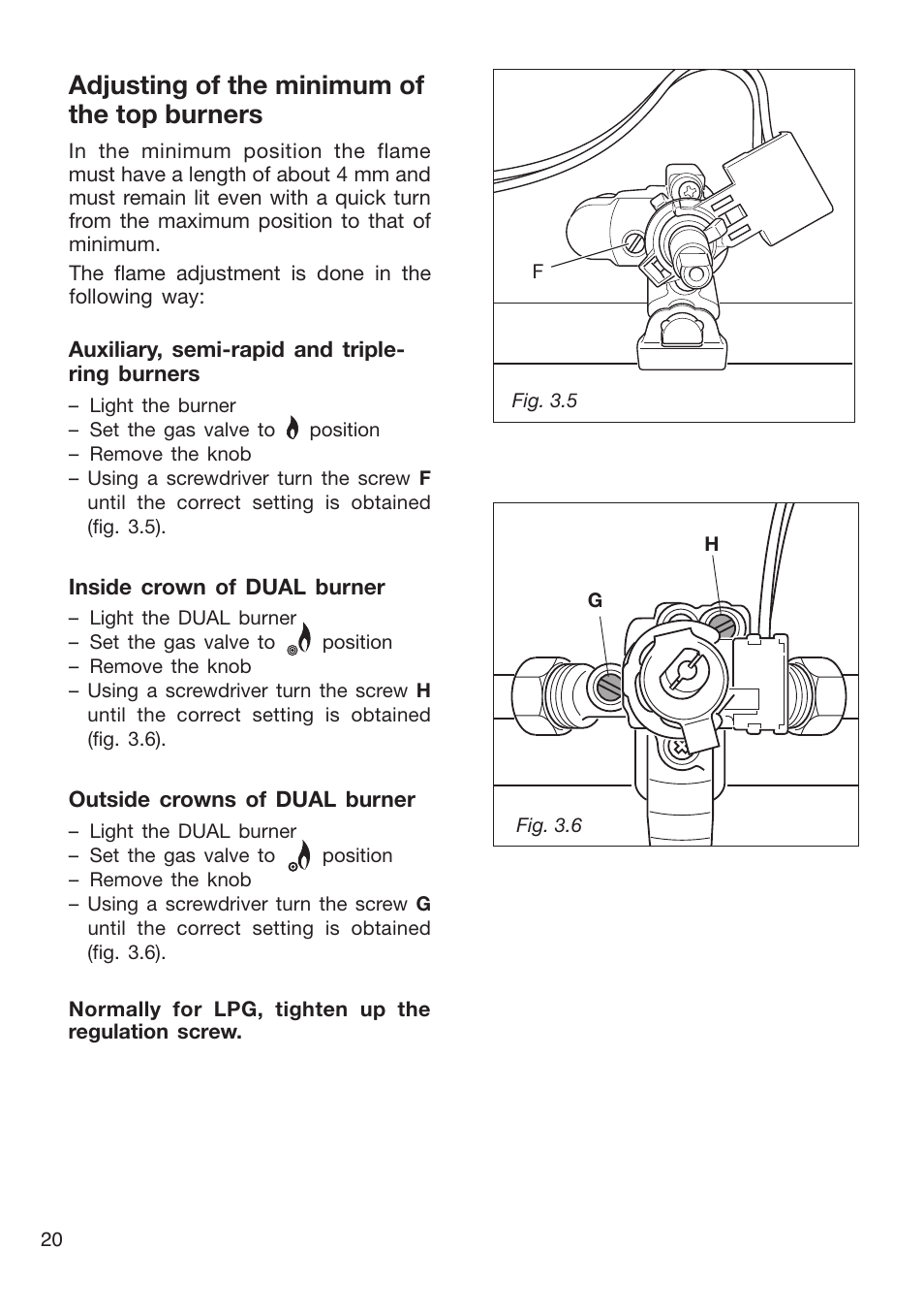 Adjusting of the minimum of the top burners | Caple CR9204 User Manual | Page 20 / 52
