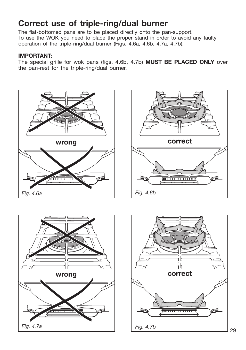 Correct use of triple-ring/dual burner, Wrong correct | Caple CR9204 User Manual | Page 29 / 52