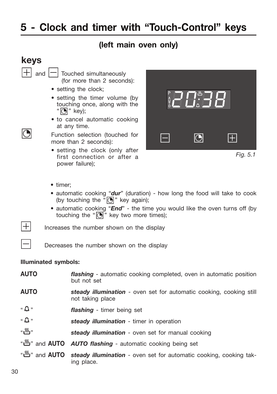 5 - clock and timer with “touch-control” keys, Keys, Left main oven only) | Caple CR9204 User Manual | Page 30 / 52