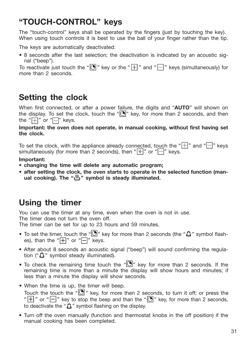 Touch-control” keys, Setting the clock, Using the timer | Caple CR9204 User Manual | Page 31 / 52