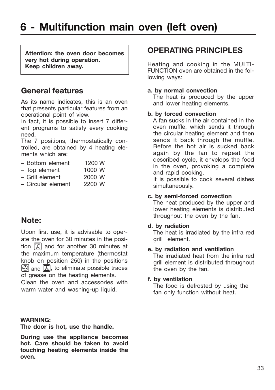6 - multifunction main oven (left oven), General features, Operating principles | Caple CR9204 User Manual | Page 33 / 52