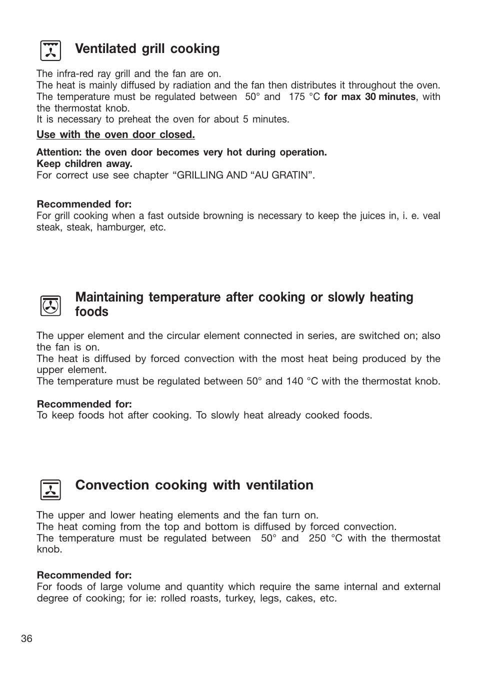 Ventilated grill cooking, Convection cooking with ventilation | Caple CR9204 User Manual | Page 36 / 52