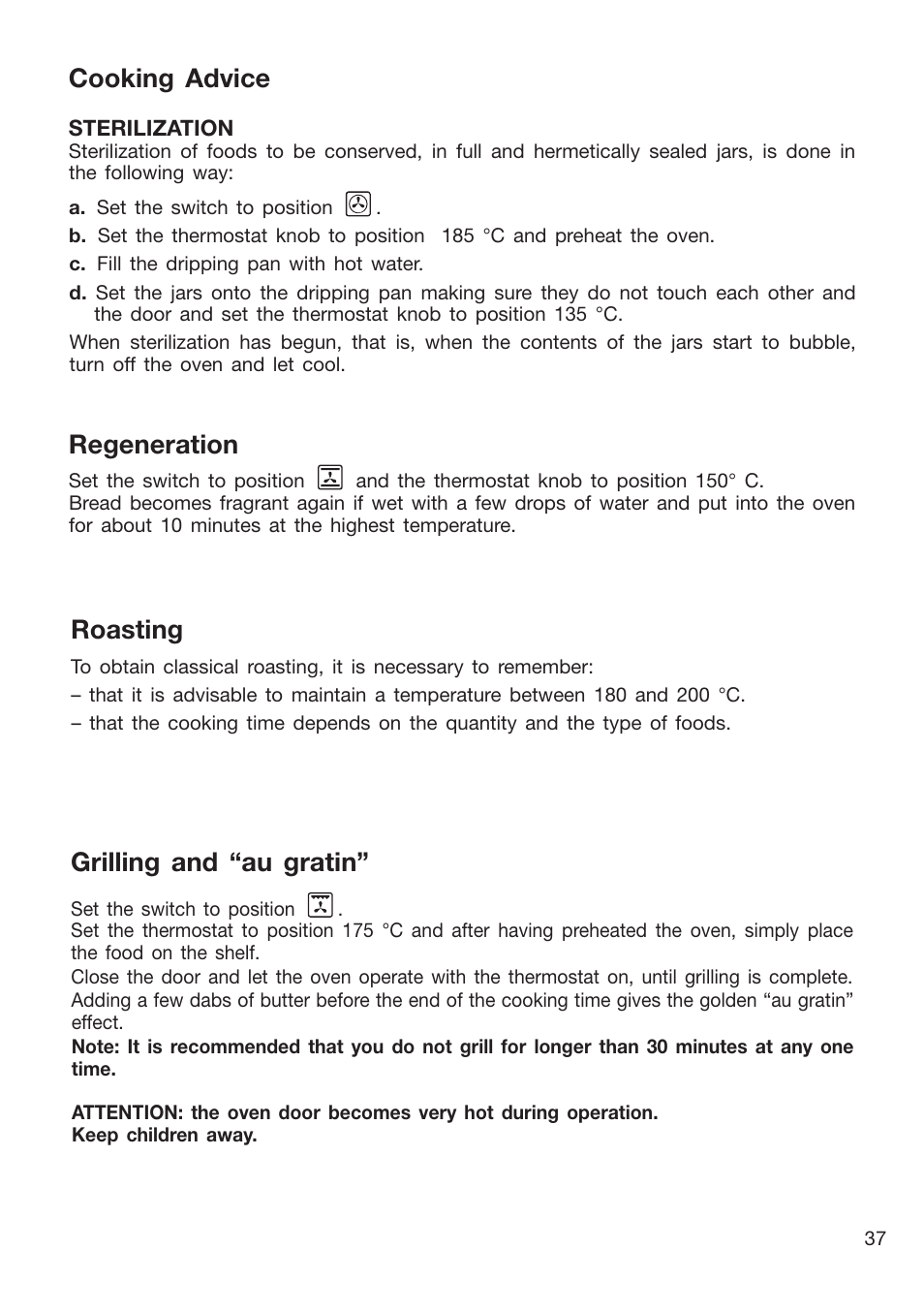 Cooking advice, Regeneration, Roasting | Grilling and “au gratin | Caple CR9204 User Manual | Page 37 / 52