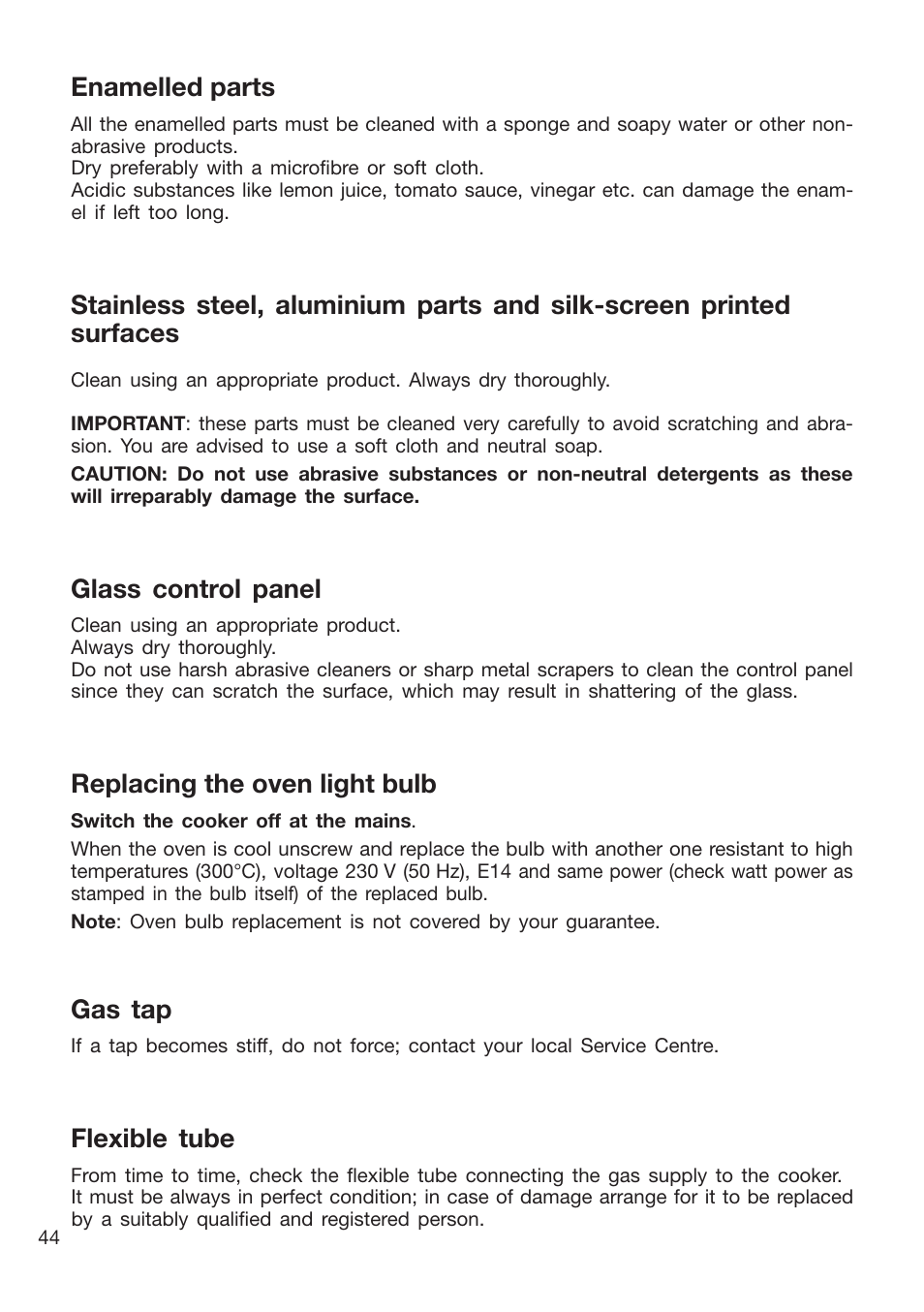 Gas tap, Flexible tube, Enamelled parts | Glass control panel, Replacing the oven light bulb | Caple CR9204 User Manual | Page 44 / 52