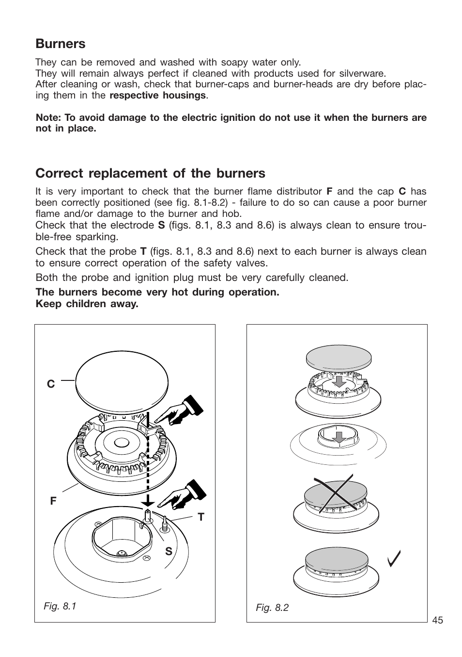 Burners, Correct replacement of the burners | Caple CR9204 User Manual | Page 45 / 52