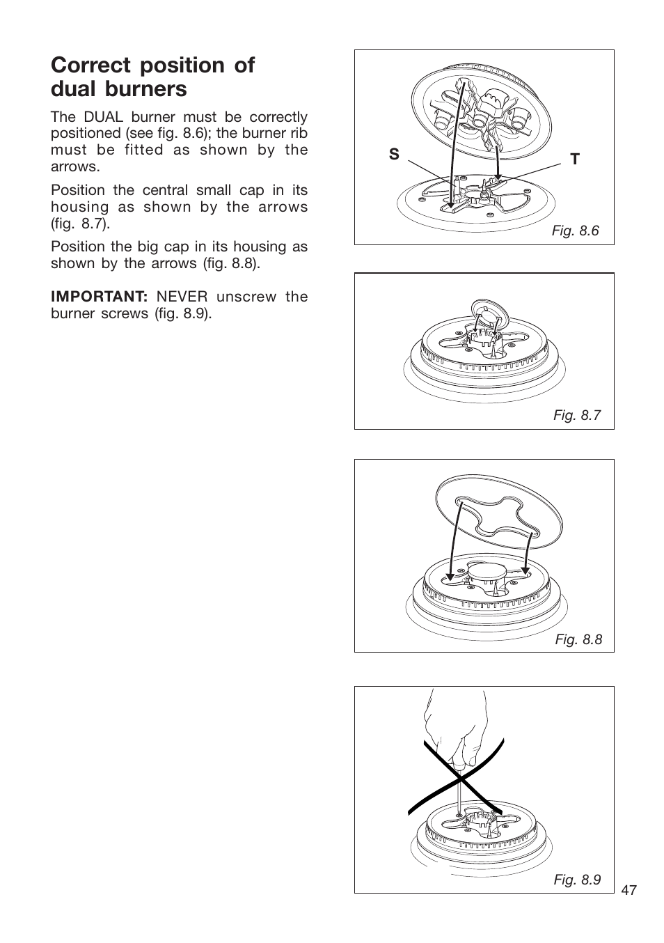 Correct position of dual burners | Caple CR9204 User Manual | Page 47 / 52