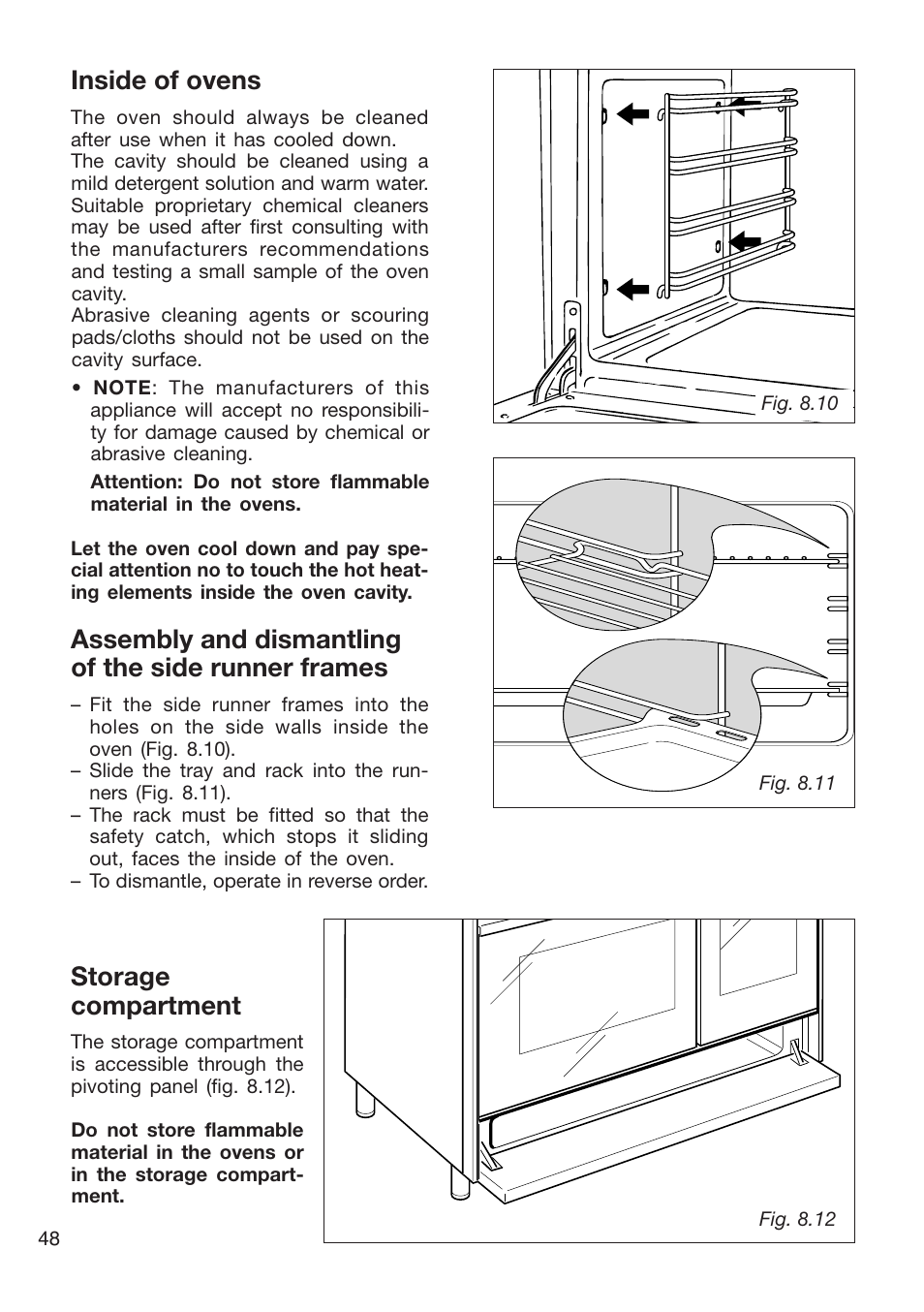 Assembly and dismantling of the side runner frames, Inside of ovens, Storage compartment | Caple CR9204 User Manual | Page 48 / 52