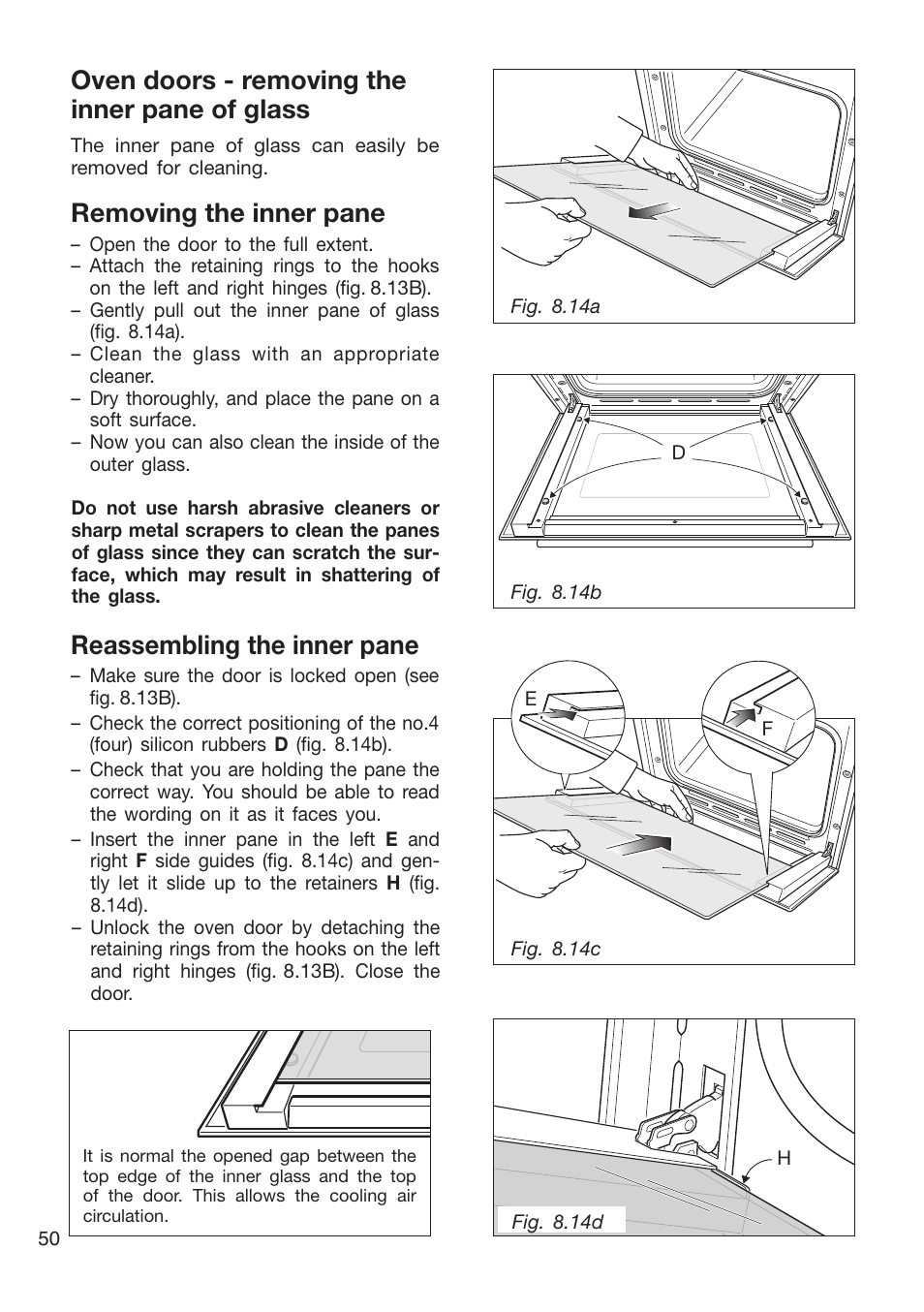 Oven doors - removing the inner pane of glass, Removing the inner pane, Reassembling the inner pane | Caple CR9204 User Manual | Page 50 / 52