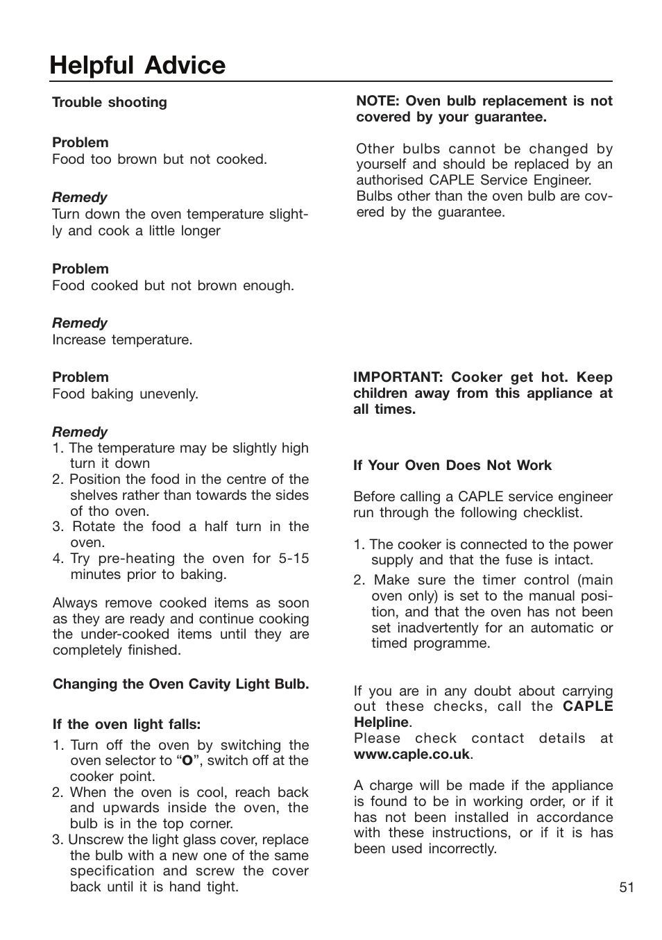 Helpful advice | Caple CR9204 User Manual | Page 51 / 52
